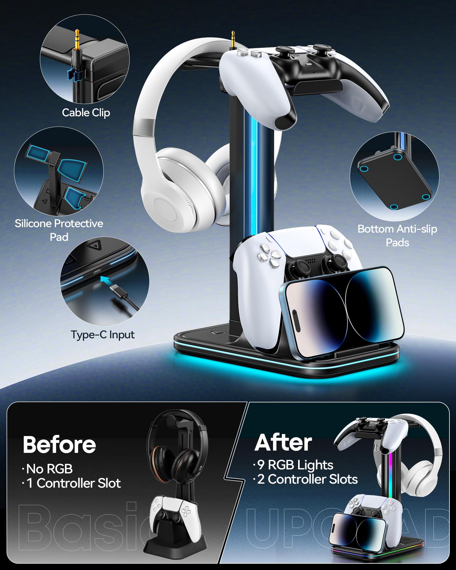 Supporto per cuffie e controller 4 in 1 per scrivania, supporto per cuffie rotante a 360° con supporto per telefono, 10 modalità RGB per accessori da gioco Mesa Gamer, P5/SW/Xbx Levitating Gaming
