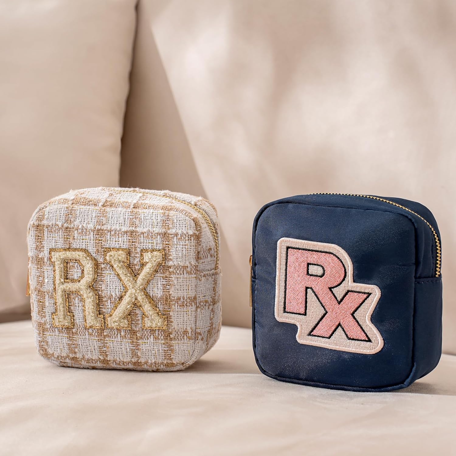 Small Medicine Bag for Travel, Personalized RX Chenille Letters Checkered Pouch for Women and Girls, Cute Meds Drug Makeup Bags with Zipper (01Beige Checkered) - Image 7