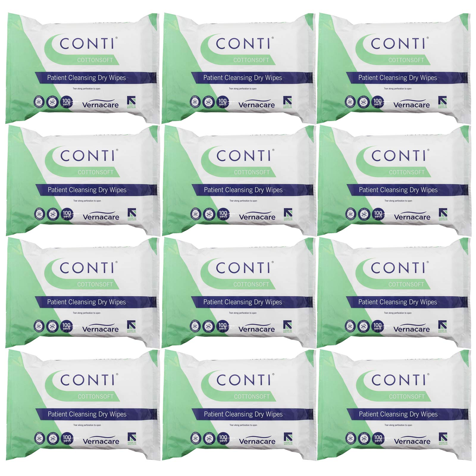 Conti Cotton Soft - Patient Cleansing Dry Wipes, Heavyweight Cotton Mix, Ideal for Heavily Soiled Skin, Wipe Size 26cm x 20cm, 100 Wipes Per Pack - 12 Pack