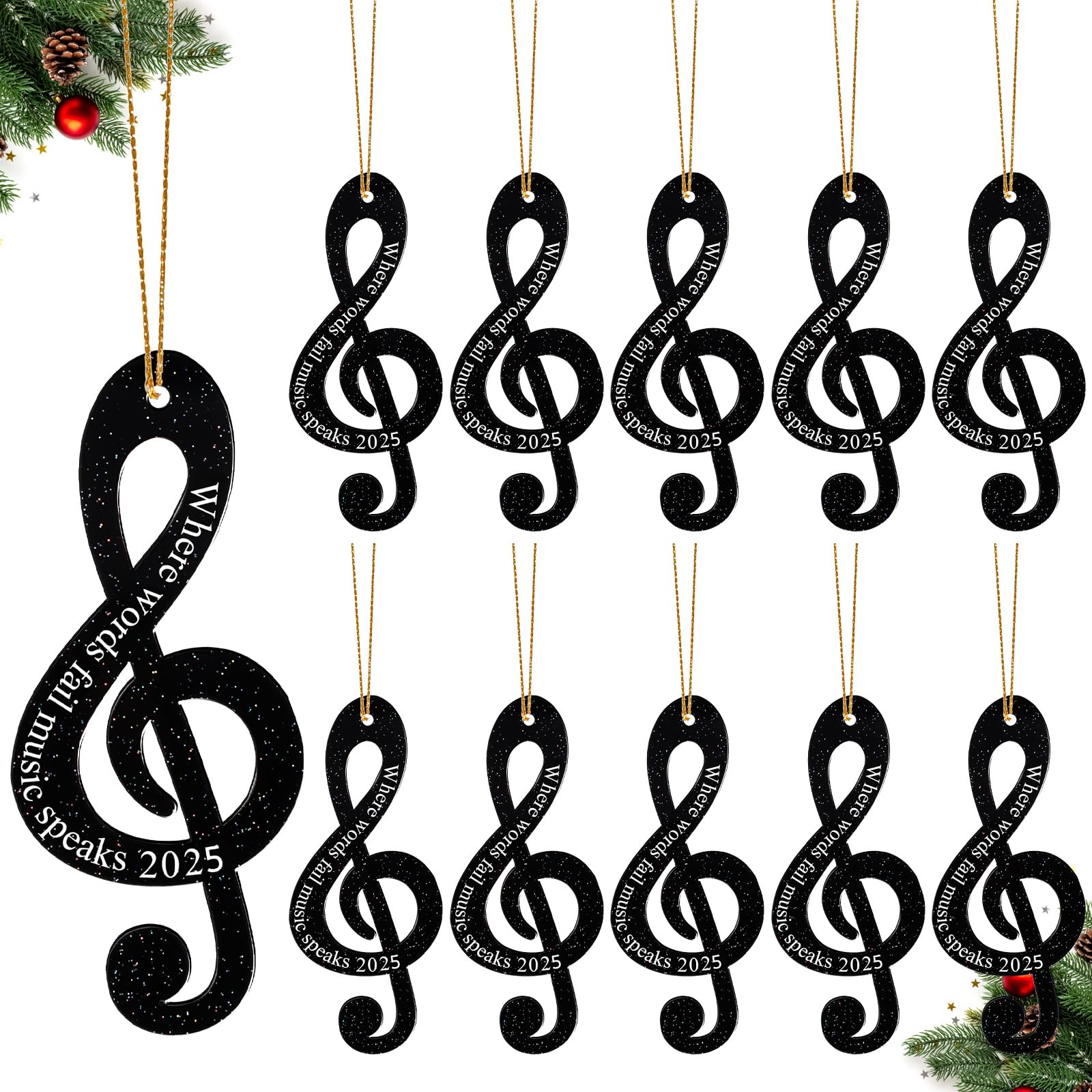 Roowest 12 Pcs 2026 Christmas Music Note Ornaments Treble Clef Hanging Where Words Fail Music Speaks Sign Glitter Acrylic Ornament for Xmas Tree Party