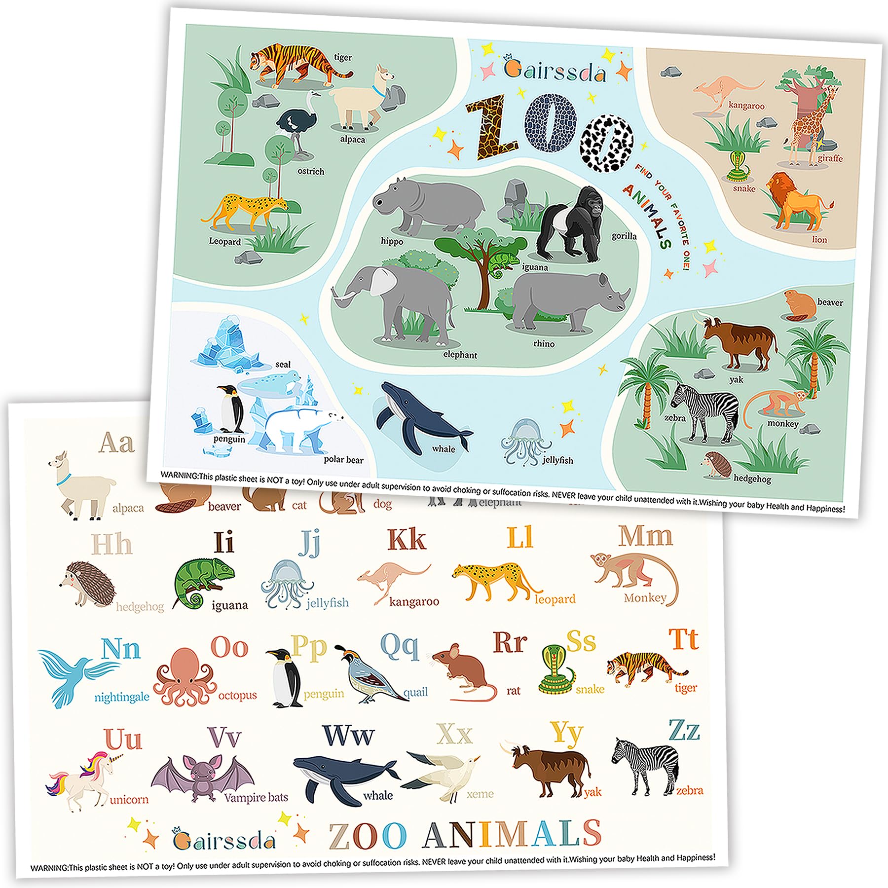 Trendy-Vivid Disposable Placemats for Baby, 2 Adorable Designs (Cute Animals & Alphabet) 40 pk Kids Placemats, Baby Table Mat for Restaurants, Travel & Restaurants | Mess-Free Portable Table Protector