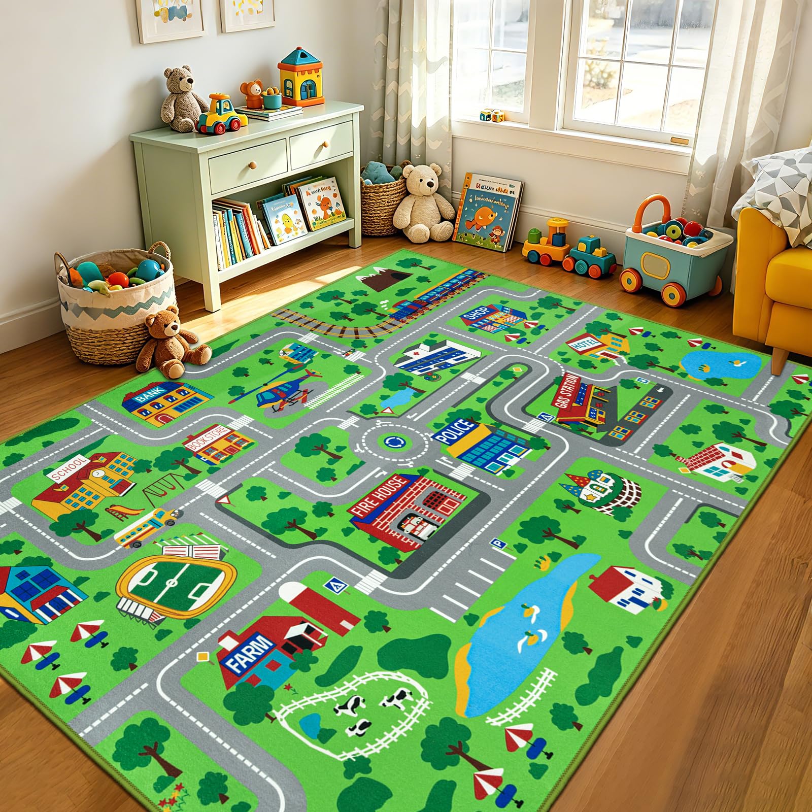 Capslpad Alfombra para el aula 200 x 300 cm, alfombra infantil para la escuela primaria, alfombra de juego para niños pequeños, juguetes, coches, alfombras de tráfico por carretera, alfombra para sala