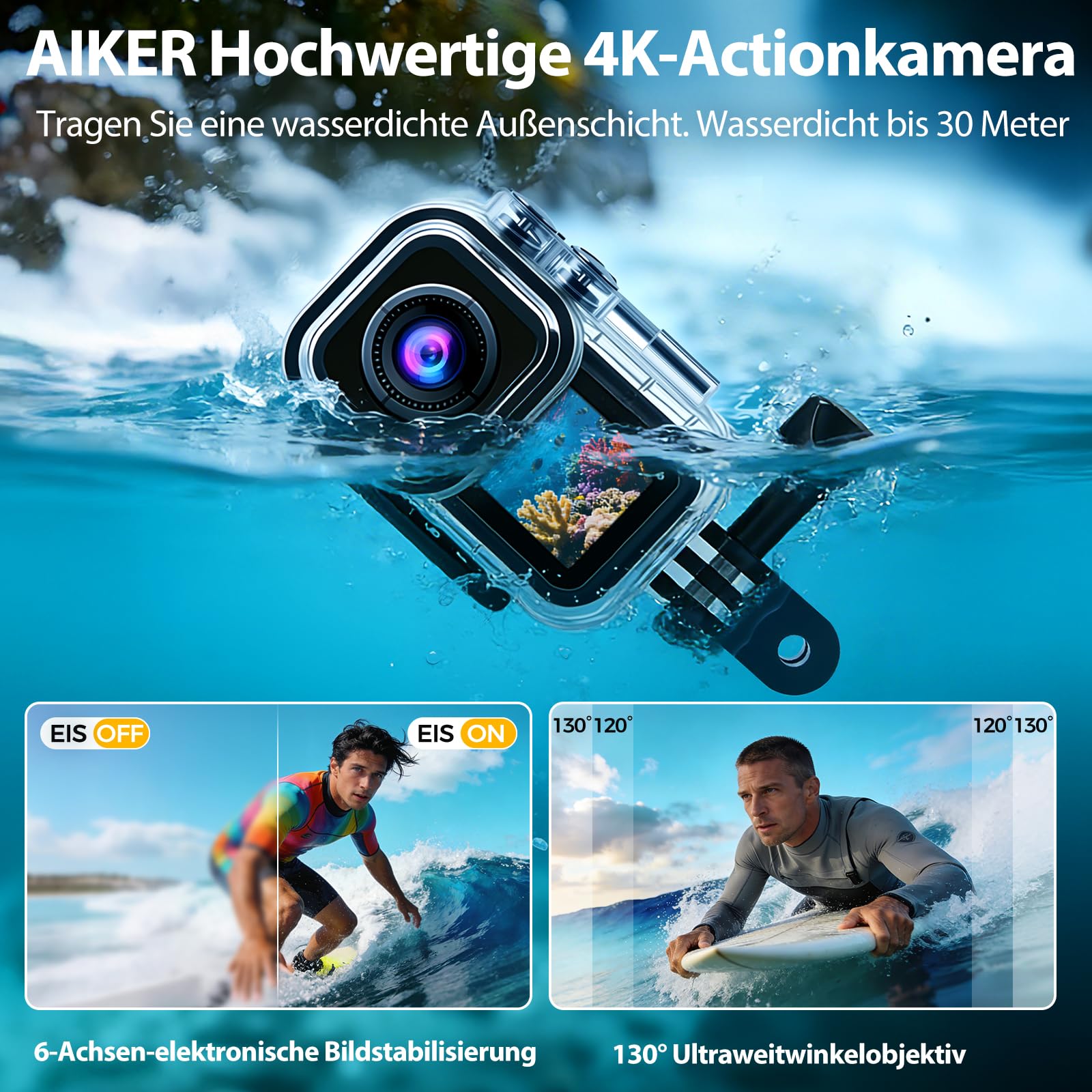 AIKER Action Cam 4k WiFi Aktualisierte Version,Ultra-Hd-Bildqualität/Elektronische Bildstabilisierung/Dual-Screen-Display Bodycam Helmkamera Motorrad,130° Action Kamera,Multifunctional Accessories