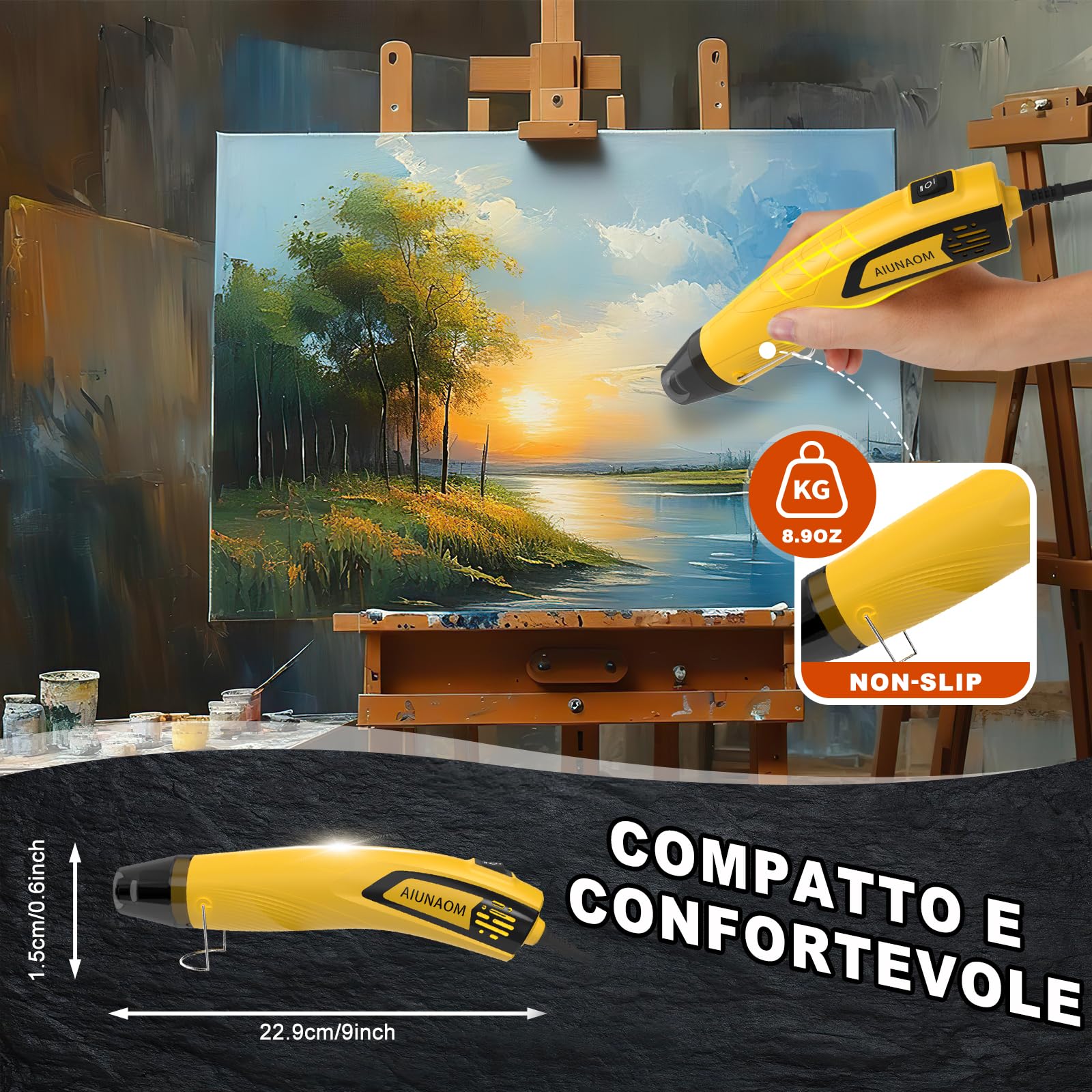 AIUNAOM Mini Pistola Termica 500W Pistola ad Aria Calda Impostazioni 2 temperature 270℃~450℃protezione da sovraccarico datto per riparazioni elettroniche, termorestringenti, asciugatura di acquerelli