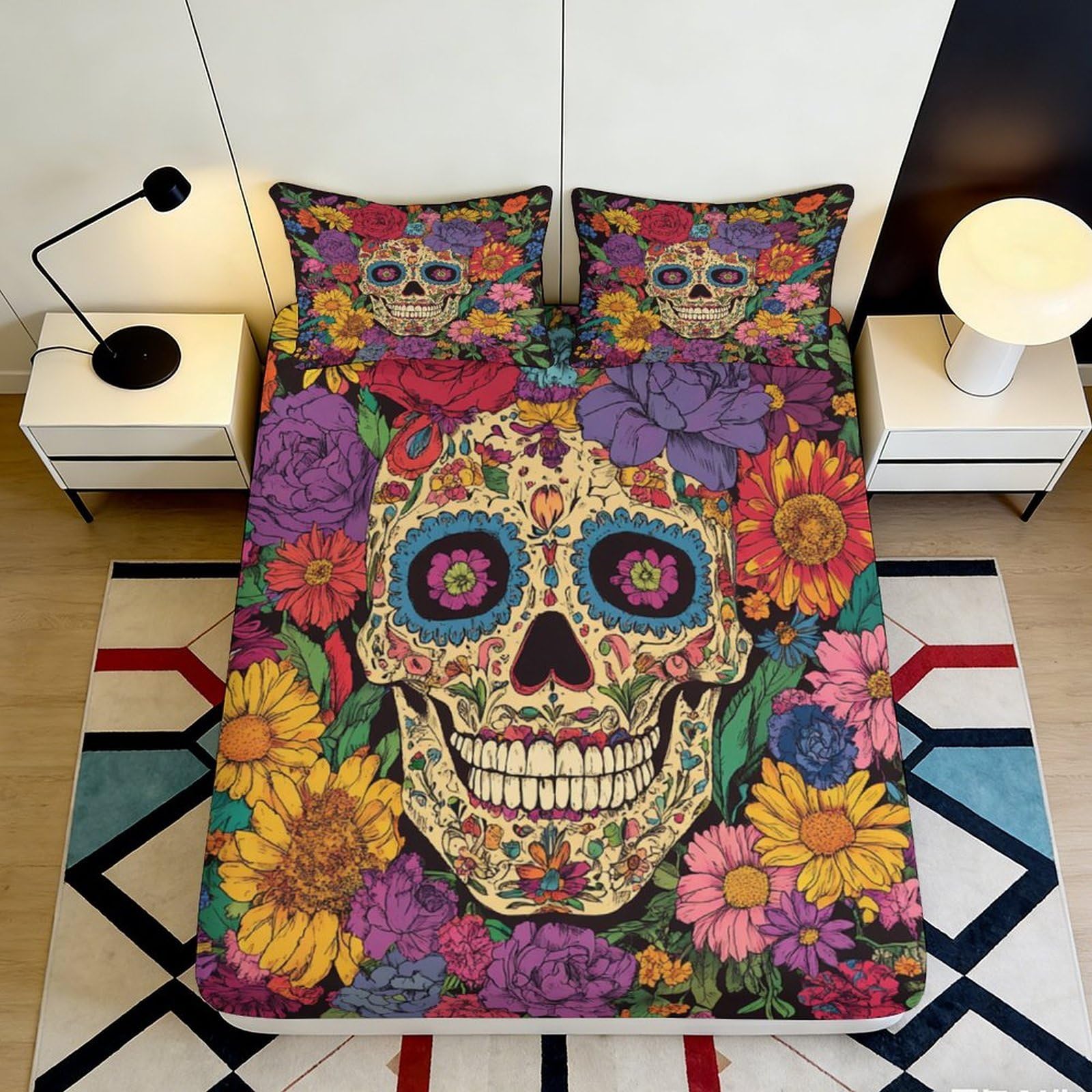 Jqzkxnhpbr Style-4 3D Printed Floral Skull Fitted Sheet Microfiber Soft Vibrant Sugar Skull Mattress Cover Bedroom Decor Protection 90X200x25cm