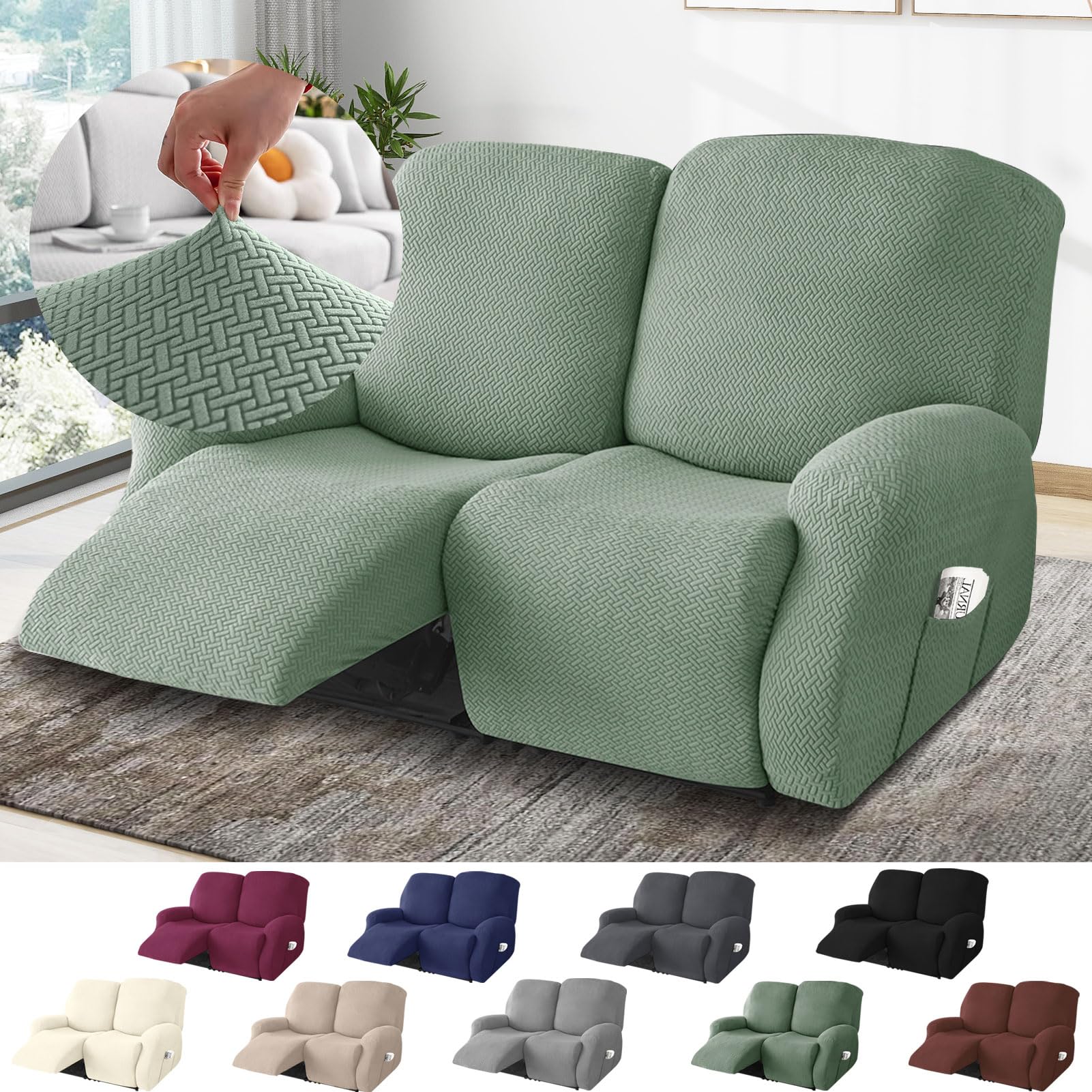 BOYIFEIJIE 2-Seater Recliner Sofa Covers, All-Inclusive Striped Jacquard Sofa Slipcover with Pocket, Non-Slip Stretch Recliner Protector for Living Room Recliner Sofa (Light Green, 6-Pieces)