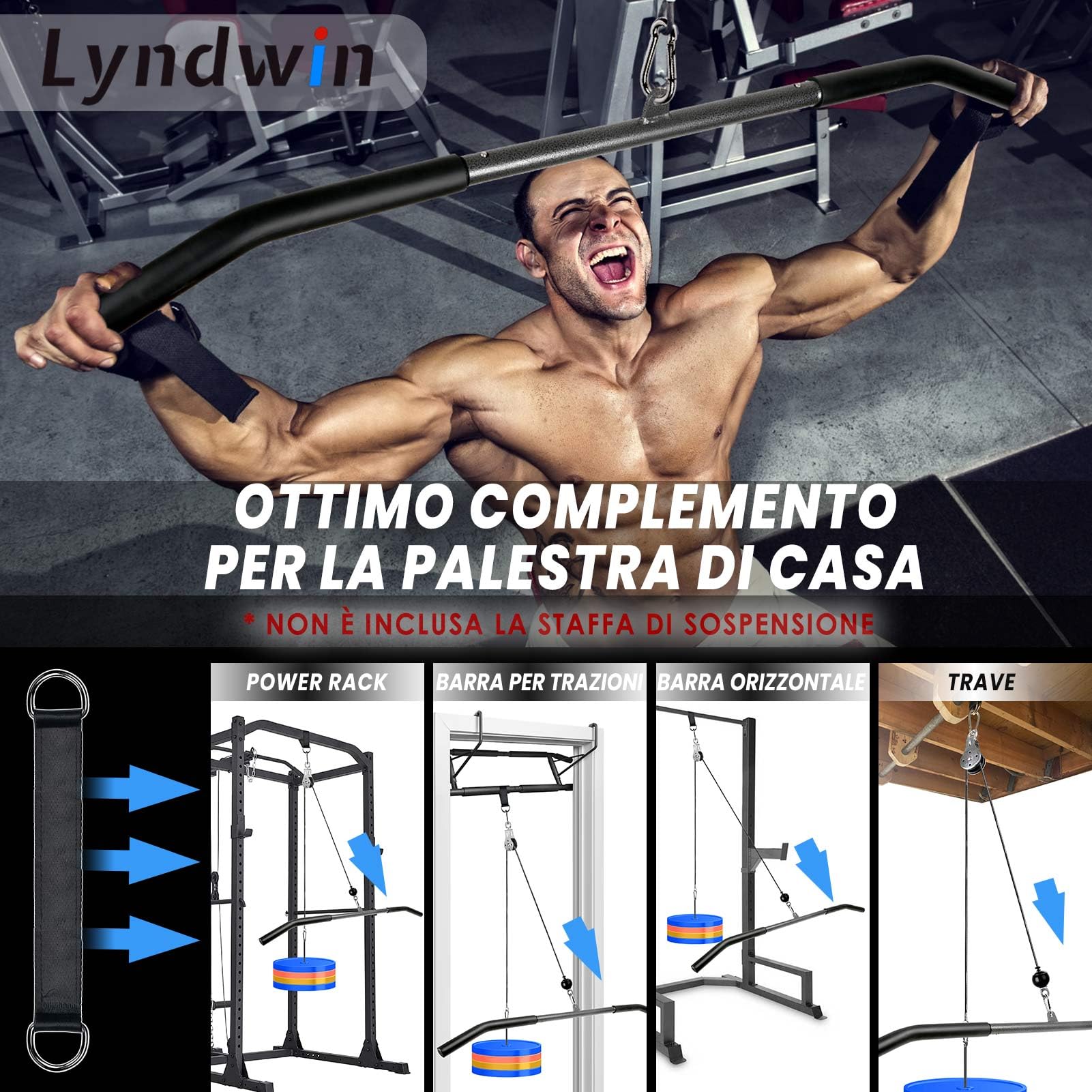 Carrucola Palestra con Barra Lat Machine, DIY Fitness Attrezzi Set Cavi Petto Puleggia Palestra di 100cm Sbarra Lat Machine per Tricipiti Bicipiti Curl Allenamento Casa Home Gym Accessori