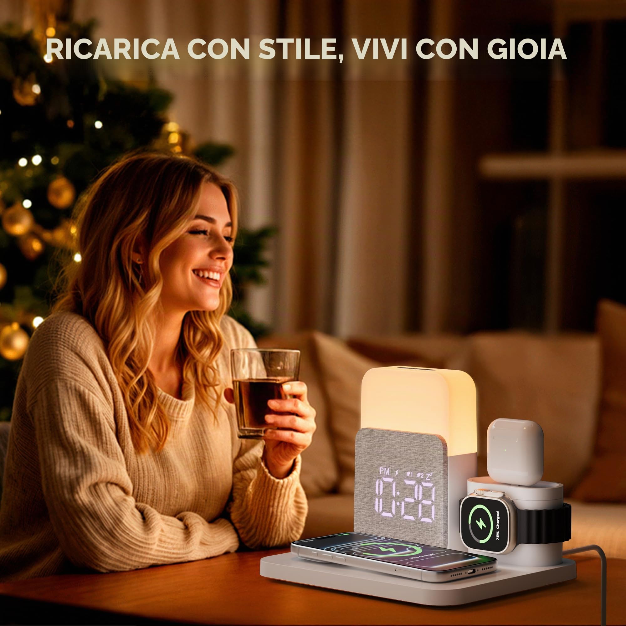 5 in 1 Caricatore Wireless per i-phone, Stazione di Ricarica con Sveglia | Caricatore 3 in 1 A-Watch Air-Pods i-phone 17-11 e Luce 3 Colori Regolabile, Adattatore Incluso – per Camera, Ufficio