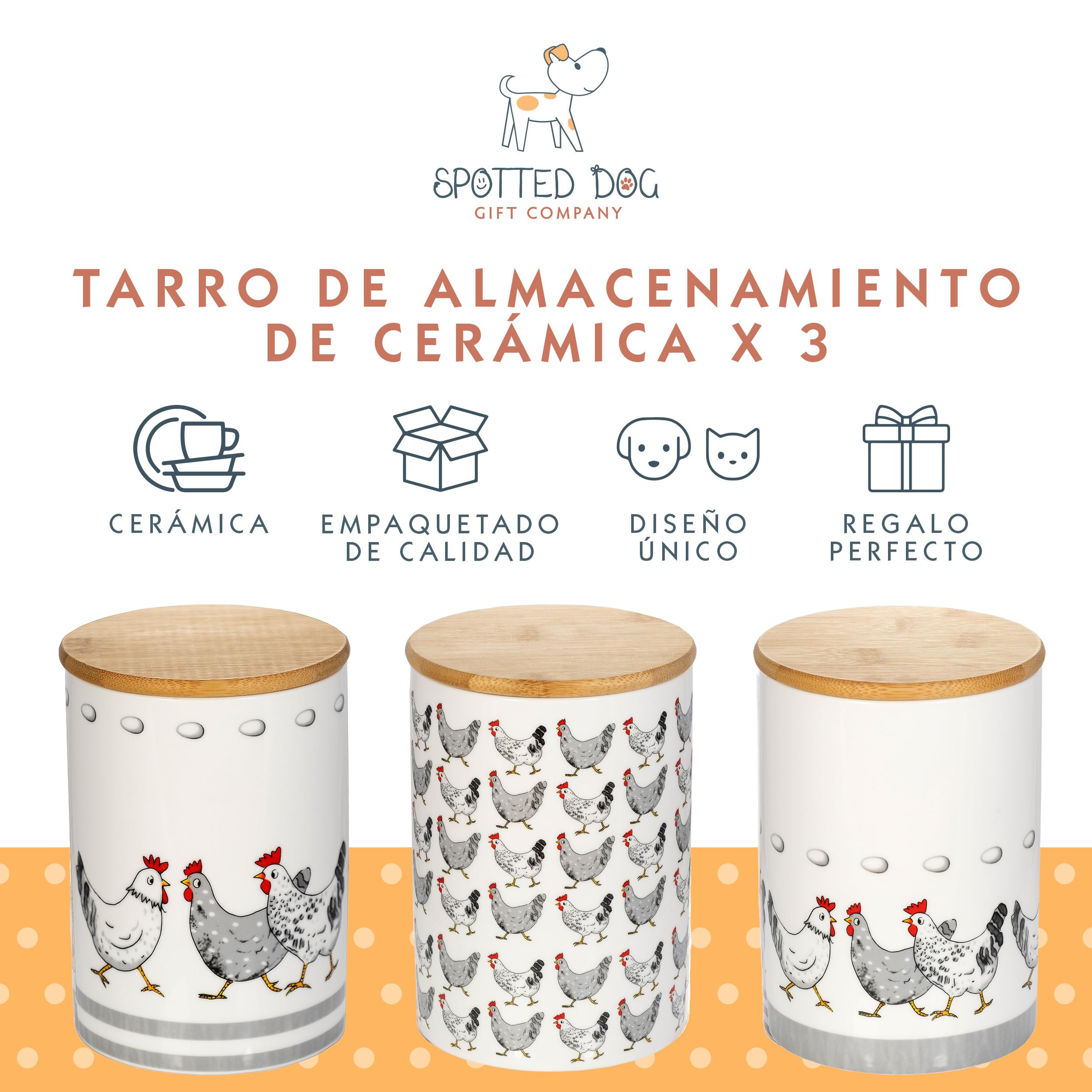SPOTTED DOG GIFT COMPANY Juego de 3 Botes Cocina Almacenaje de Cerámica con Estampado de Gallinas, Recipientes Herméticos para Alimentos con Tapa, Regalo para Amantes Animales