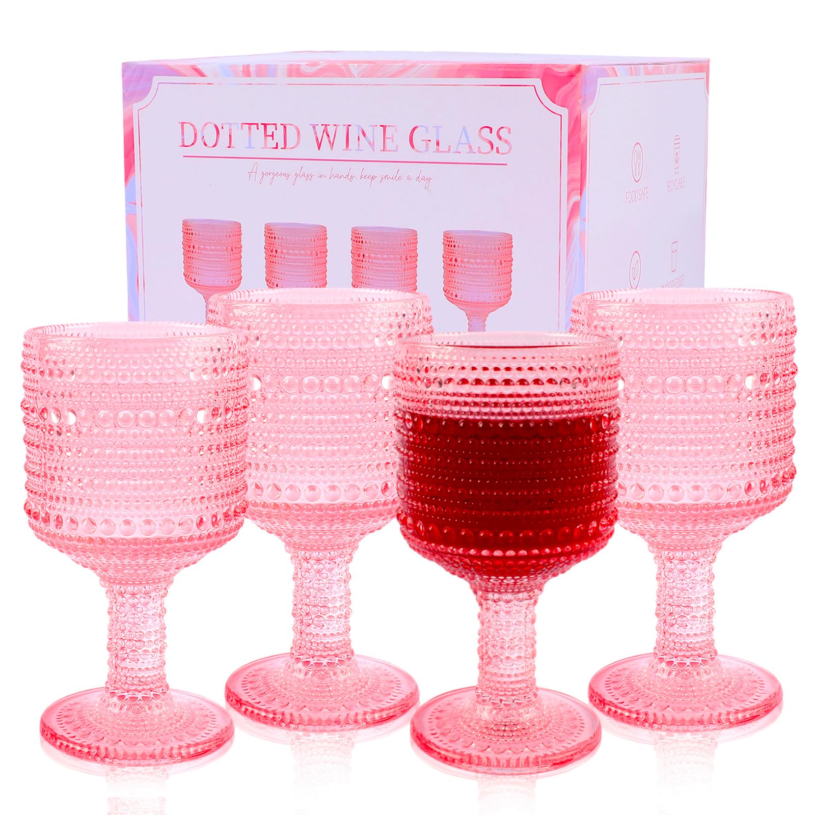 Pink Vintage Wine Glasses Set Of 4 Goblets, White Elephant Gifts For Adults Useful, Hobnail Drinking Glassware For Party Gifts For Her, Old Fashion Cocktail Cups Gifts For Women Birthday Unique,10 Oz