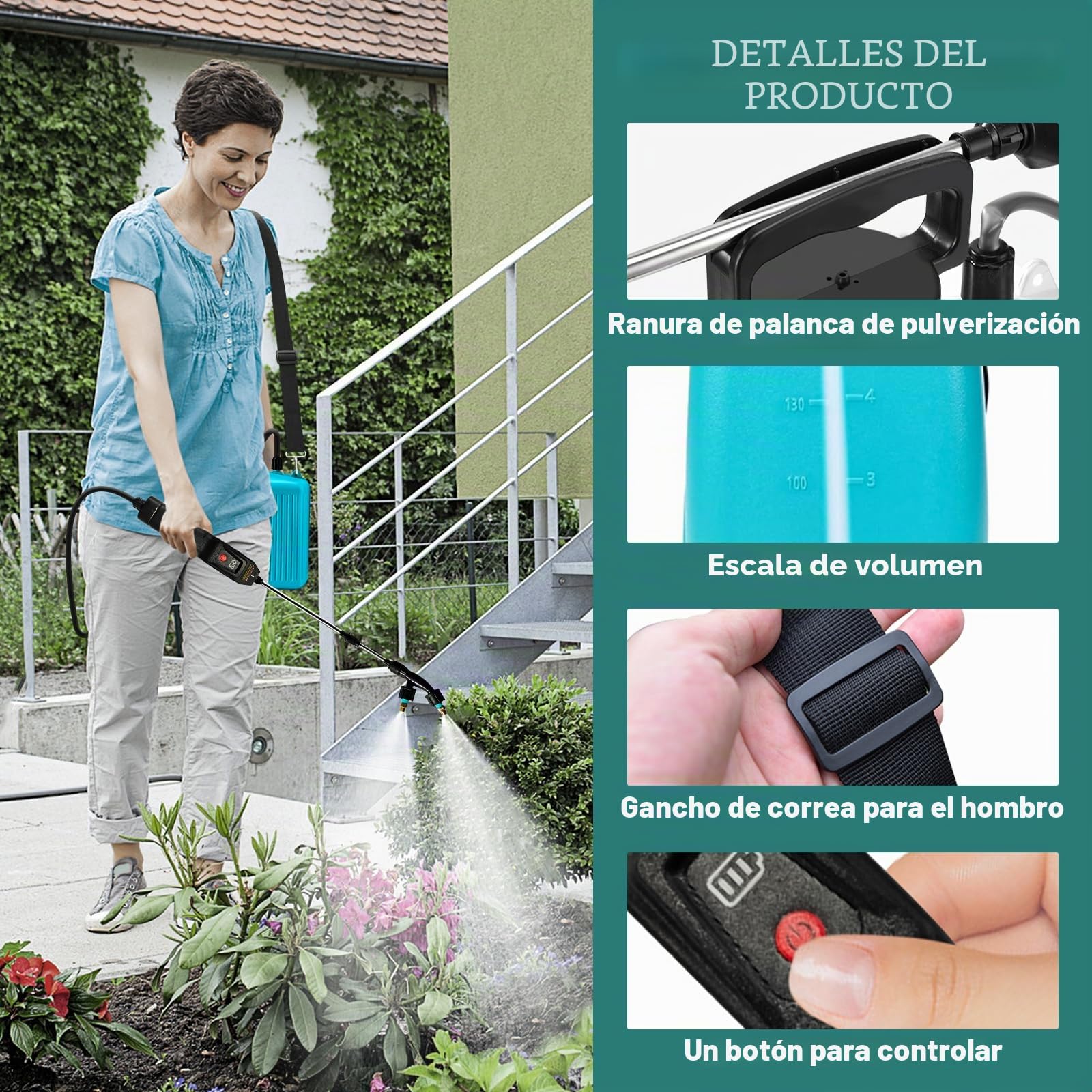 Pulverizador de mochila alimentado por batería de 10 L, mejorado con 4 boquillas de niebla, mango recargable por USB, varita retráctil, pulverizador de agua portátil