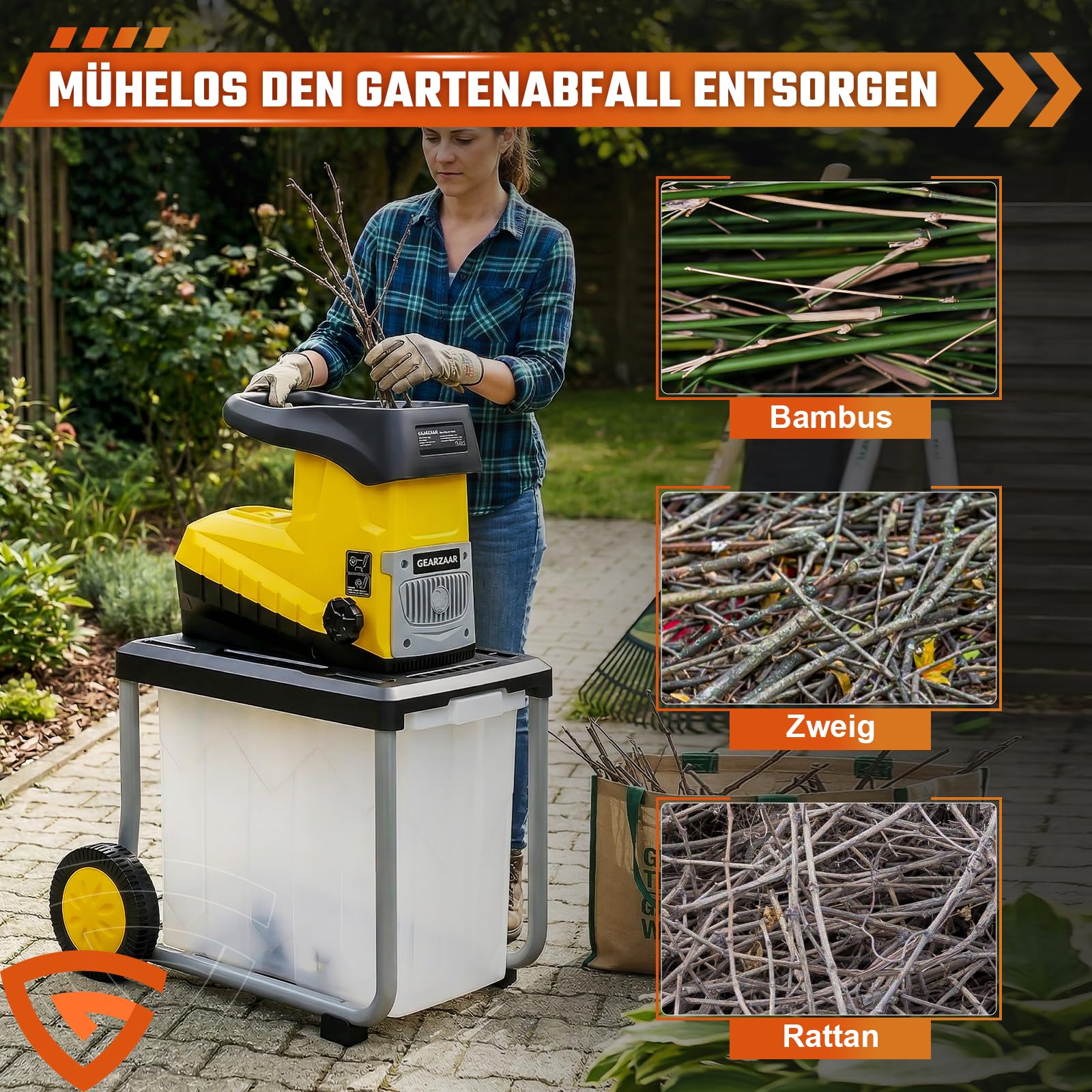 Elektro Gartenhäcksler Walzenhäcksler 3200W, max. 45 mm Aststärke, 60 L Fangbox, Leisehäcksler inkl. Gartenschere & Schutzbrille