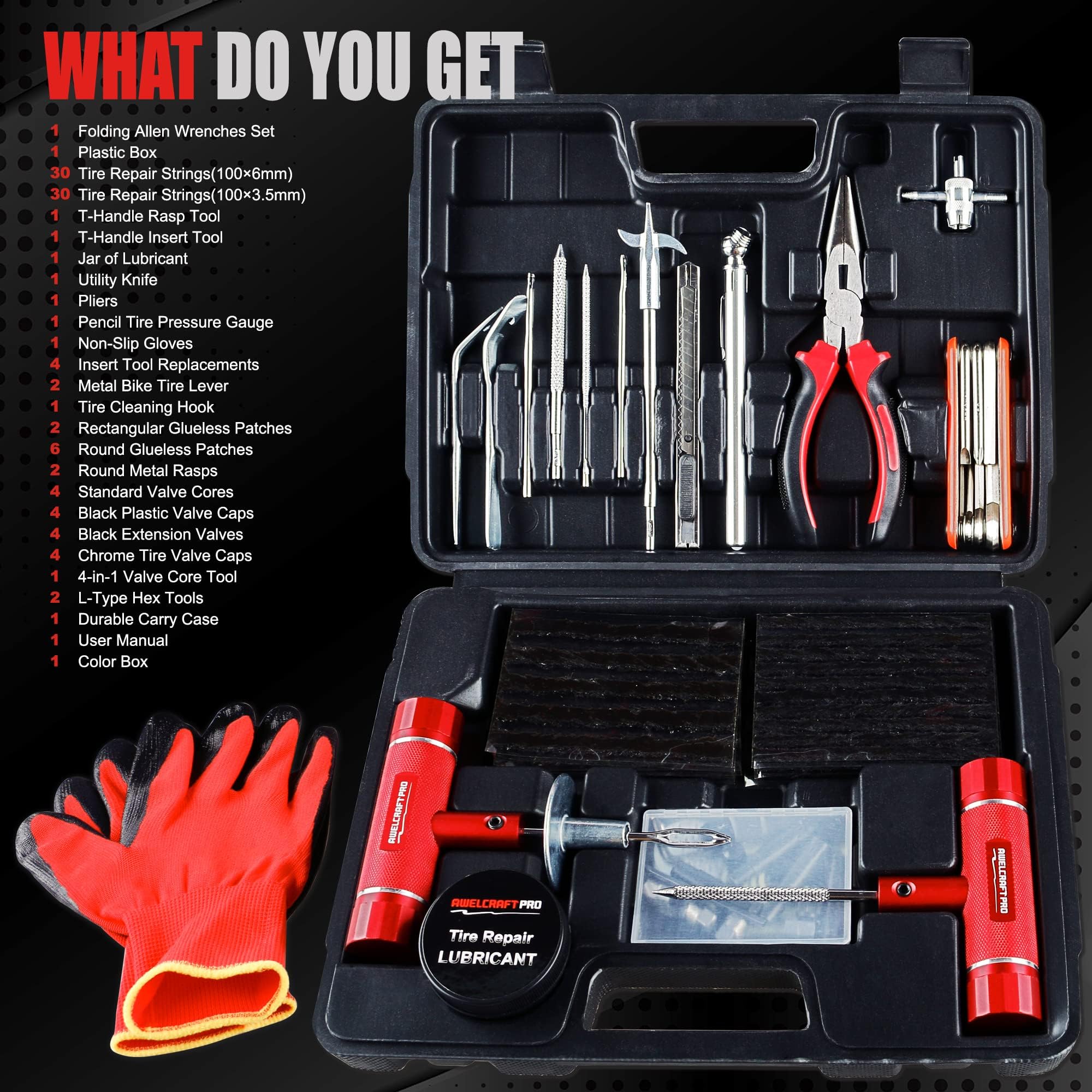 AWELCRAFT Kit de Reparación de Neumáticos de 108 Piezas – Caja de Herramientas Resistente para Camión, Coche, Tractor – Tapones para Pinchazos con Mango en T, Alicates, Herramienta de Válvula 4 Vías