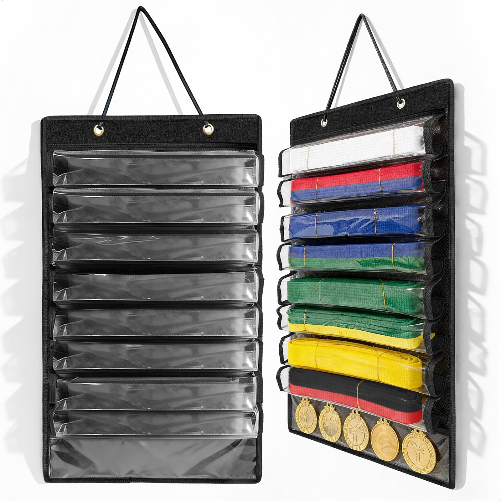 Taekwondo Belt Organizer with 8 Pockets, Hanging Martial Arts Belt Storage, Judo Boxing Medal, Holder with Capacity for Up to 8 Belts and 5 Medals (Black)