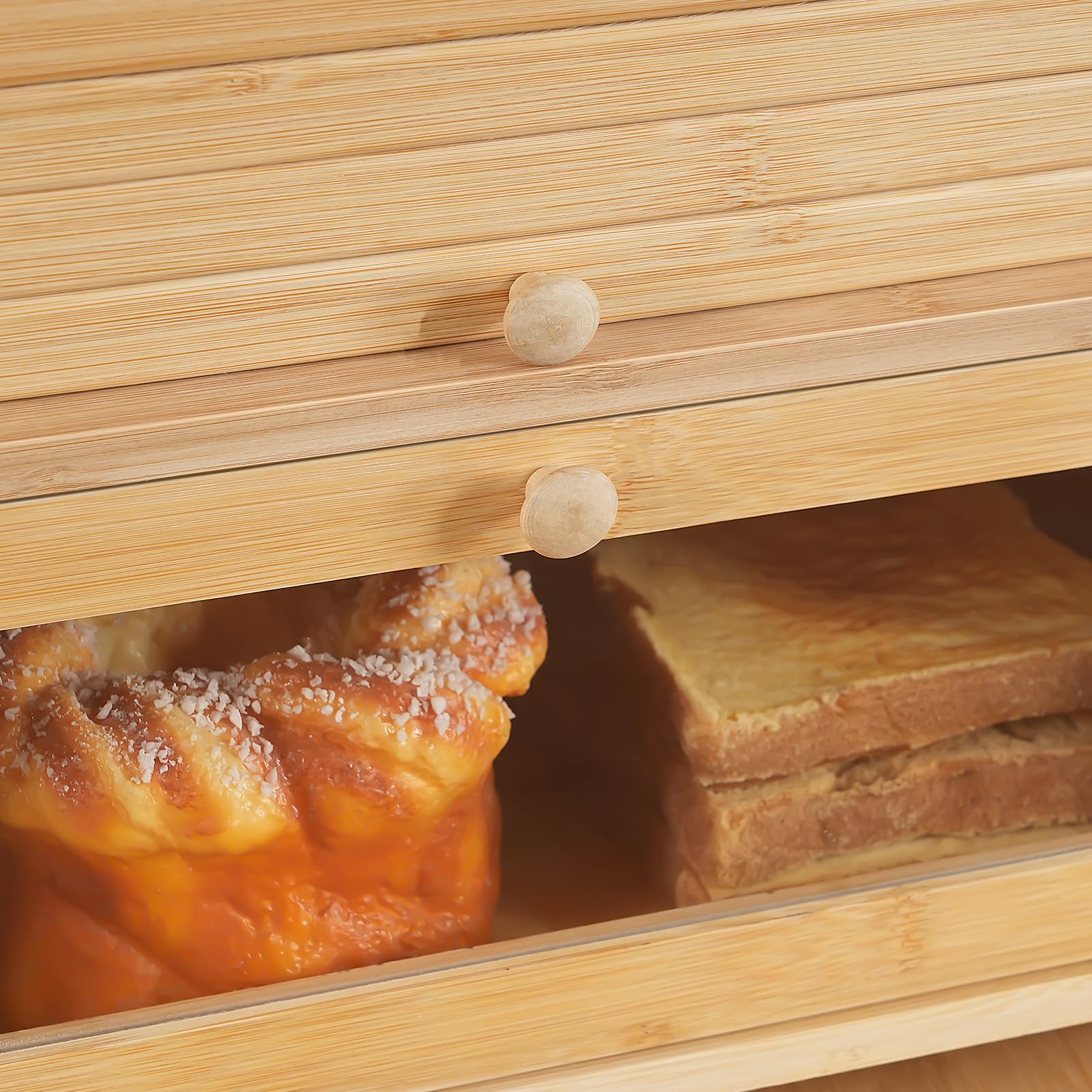 HOOBRO Panera de Bambú, Caja de Pan para Cocina de doble Nivel, Estuche de Alimentos con Puerta Enrollable, Acrílica Transparente, para Comedor, Restaurante, Bambú Natural EYL13MB01