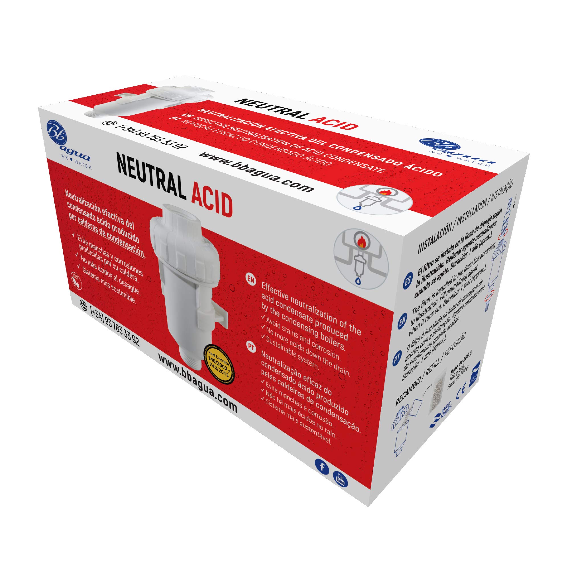 Filtro Neutral Acid. Neutraliza el condensado de ácido producido por la caldera alargando la vida y reduciendo el mantenimiento. Fácil limpieza y mantenimiento. Bbagua.