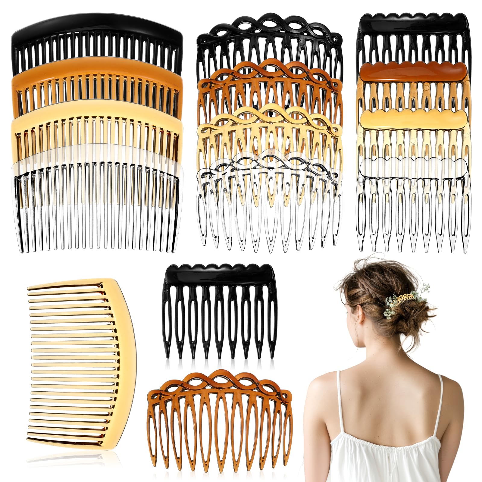 12 Pcs French Hair Side Comb, Twist Combs Women Hair Comb Accessories Decorative Hair Clips Veil Teeth Combs for Wedding, Dating (Brown, Light Brown, Black, Transparent)
