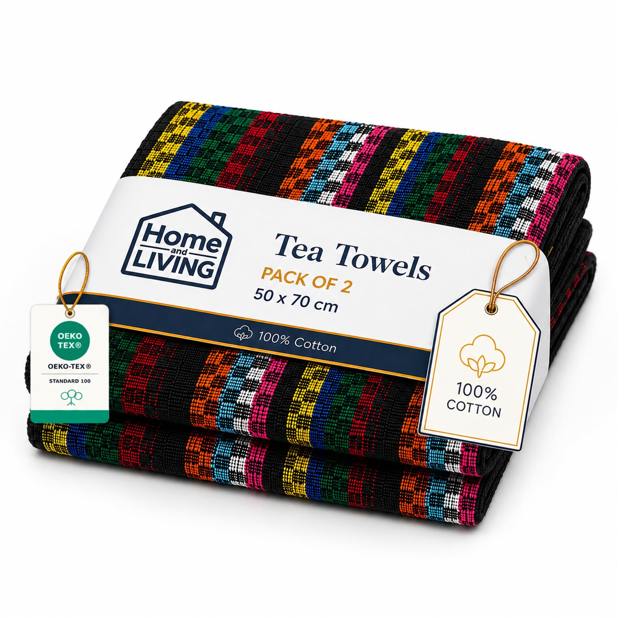 Home and Living Tea Towels for Kitchen, 100% Cotton, Pack of 2, Highly Absorbent Dish Drying Cloths, Durable Woven Kitchen Cloths, Soft & Machine Washable, 50 x 70 cm