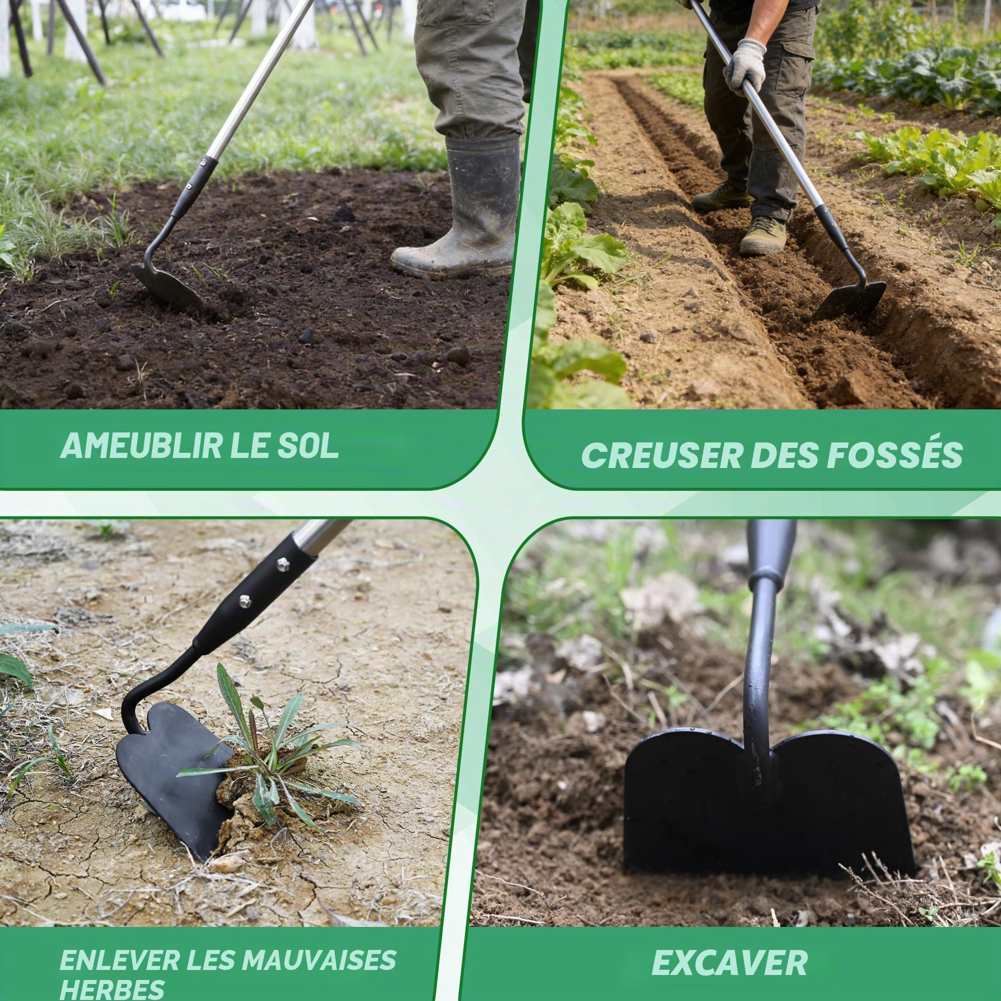 YEELOR Houe de jardin, outil de jardinage à manche long avec prise antidérapante souple, manche en acier inoxydable de 142 cm, houe robuste avec lame durable, pour le creusement, le desserrage, le