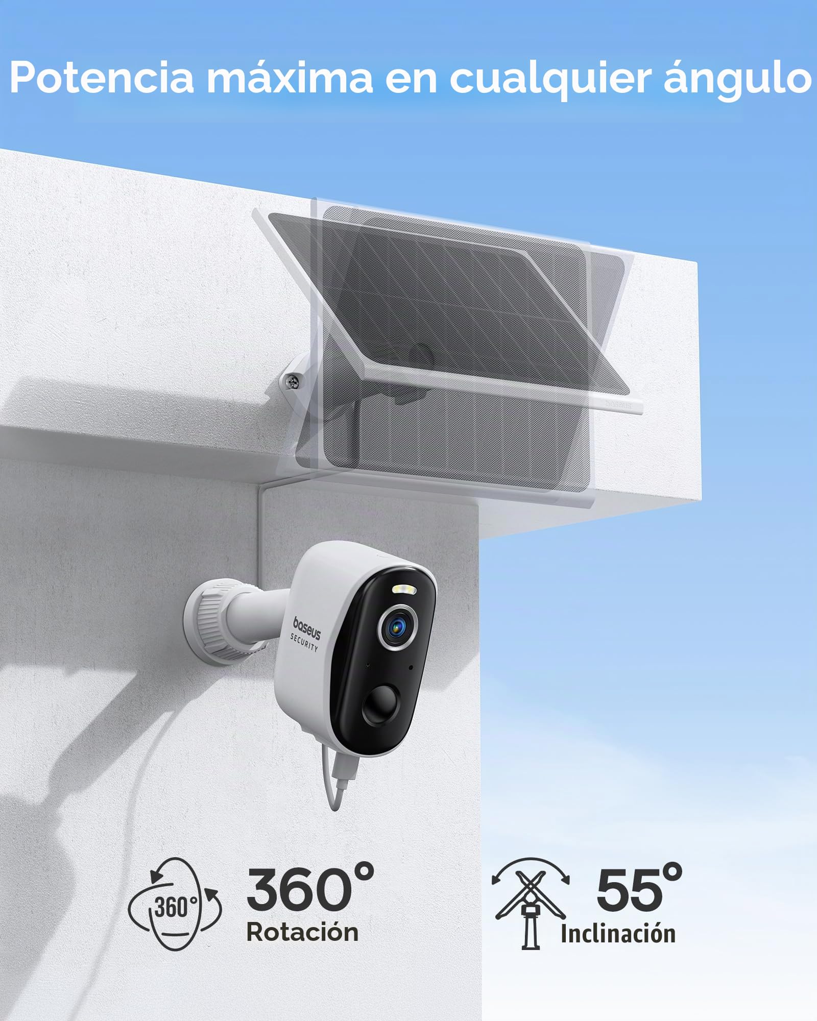 Baseus Cámara de Seguridad para Exterior Solar Inalámbrica 16TB Almacenamiento Expandible, Energía Eterna, IP67, Visión Nocturna, Cámara 2K de Vigilancia WiFi con Panel Solar, 16GB de Almacenamiento