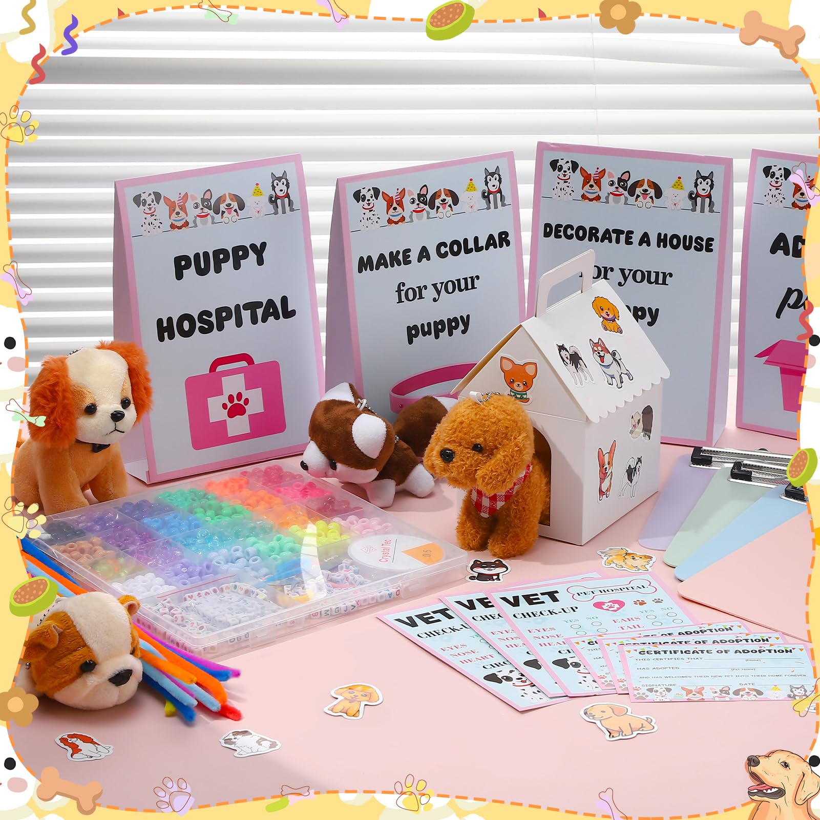 Sixwipe Mini Stuffed Animals Bulk - 36 Pcs Adopt A Puppy Party Favors Kit With Small Plush Dogs, Hats, Boxes & Fence For Kids Party Supplies