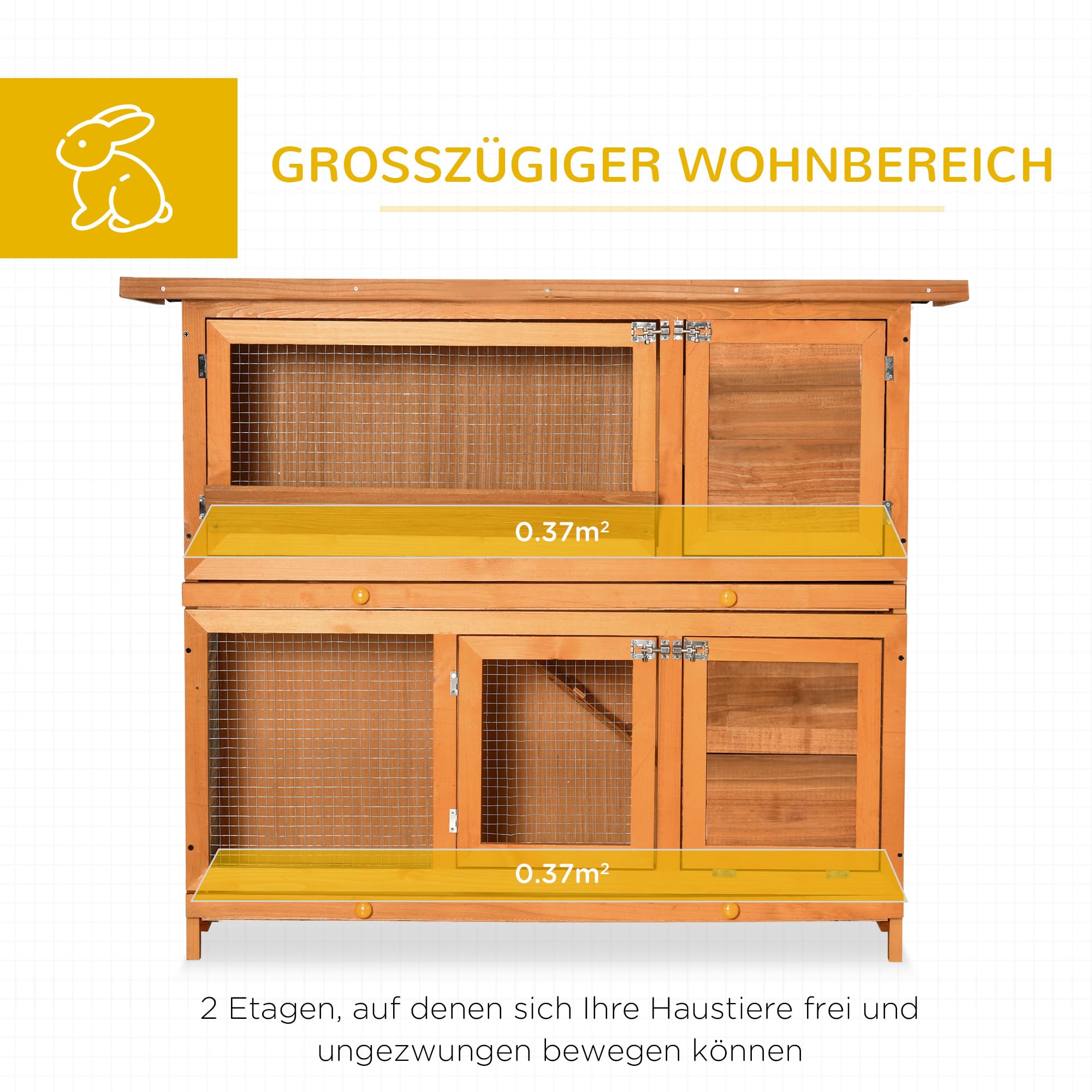 PawHut Kleintierstall mit Asphaltdach Doppelstock Gelb 120 x 48 x 100 cm | Kleintierkäfig, Kleintierhaus, Meerschweinchenstall, Nagerkäfig, Winterfest, Tannenholz
