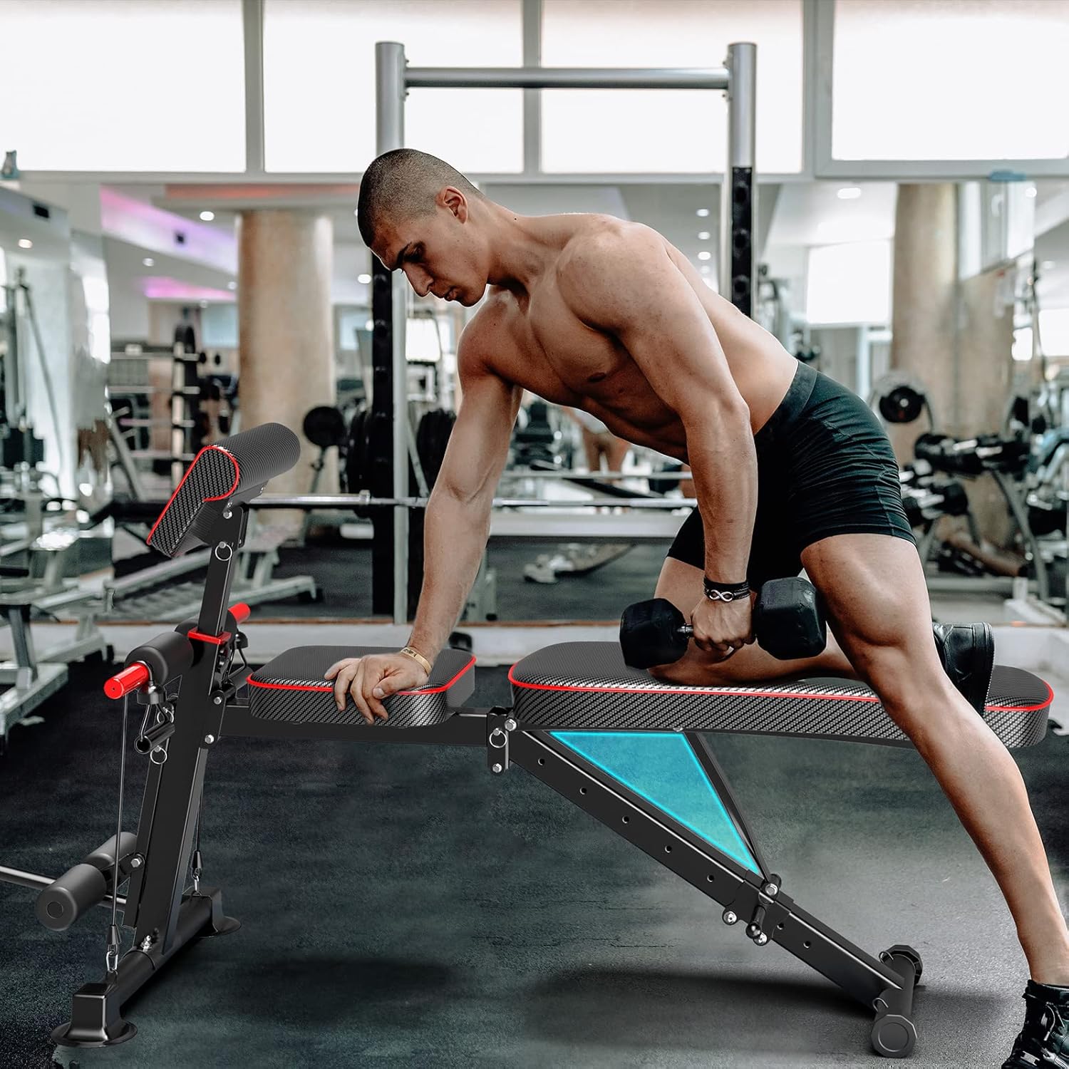 Goplus Adjustable Workout Bench shown in both extended and folded configurations, with dimensions and a close-up of the lock pin mechanism.