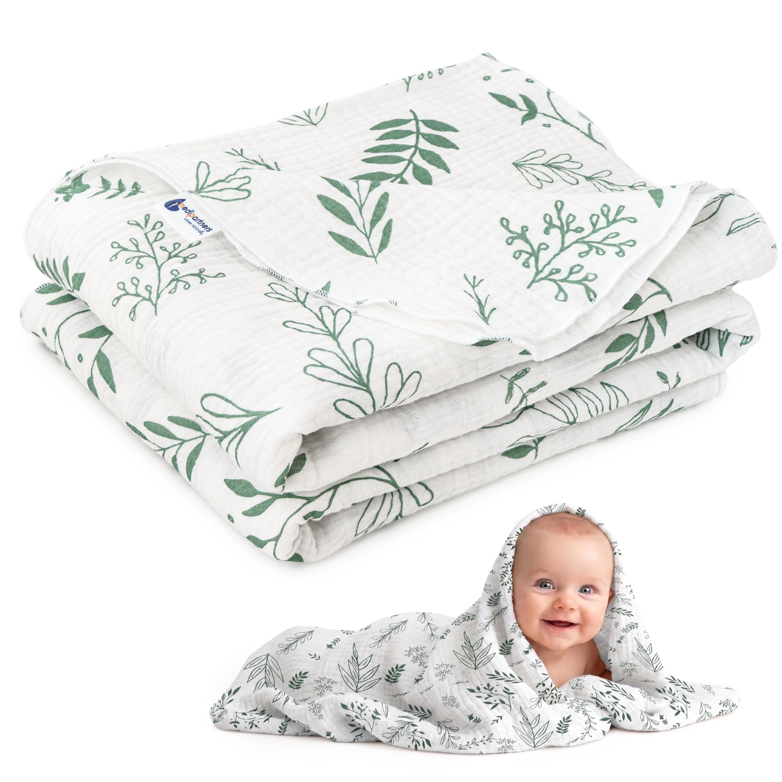 Medi Partners Muslin Baby Blanket 75 x 100 cm Baby Blanket Muslin Blanket Newborn - Thin Cuddly Blanket Summer Baby Blankets for Toddlers Crawling Blanket Children's Bed Pram (Olive Leaf)