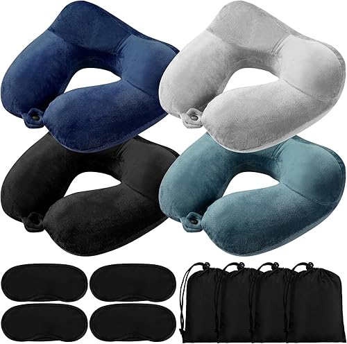 Sintuff 4 juegos de almohadas inflables de viaje para aviones con bolsa compacta y almohada inflable de terciopelo con los ojos vendados para