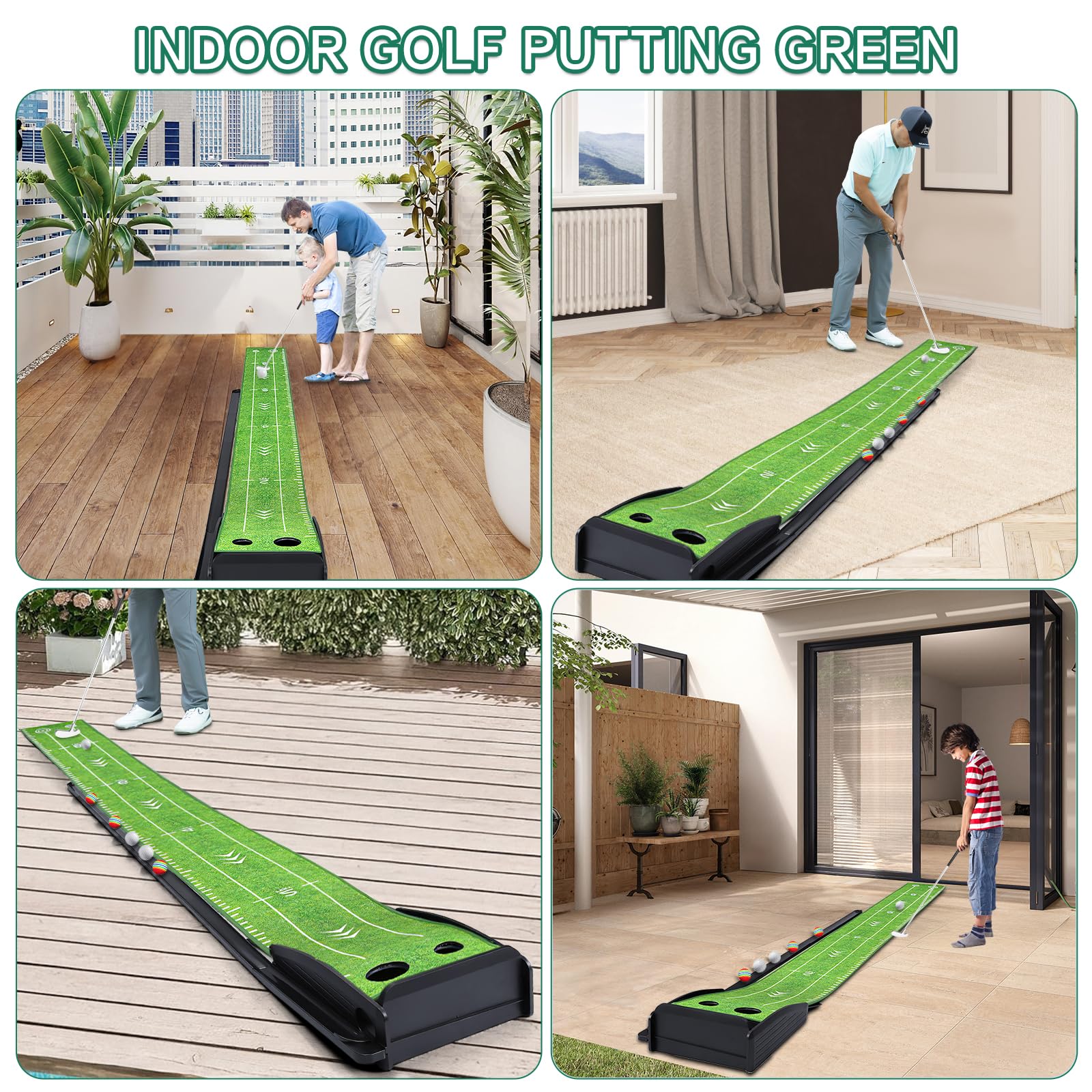 Losbenco Tappetino da golf verde con putter e 6 palline da golf, attrezzatura per allenamento con sistema di ritorno automatico della palla, per casa, ufficio, cortile, uso interno ed esterno