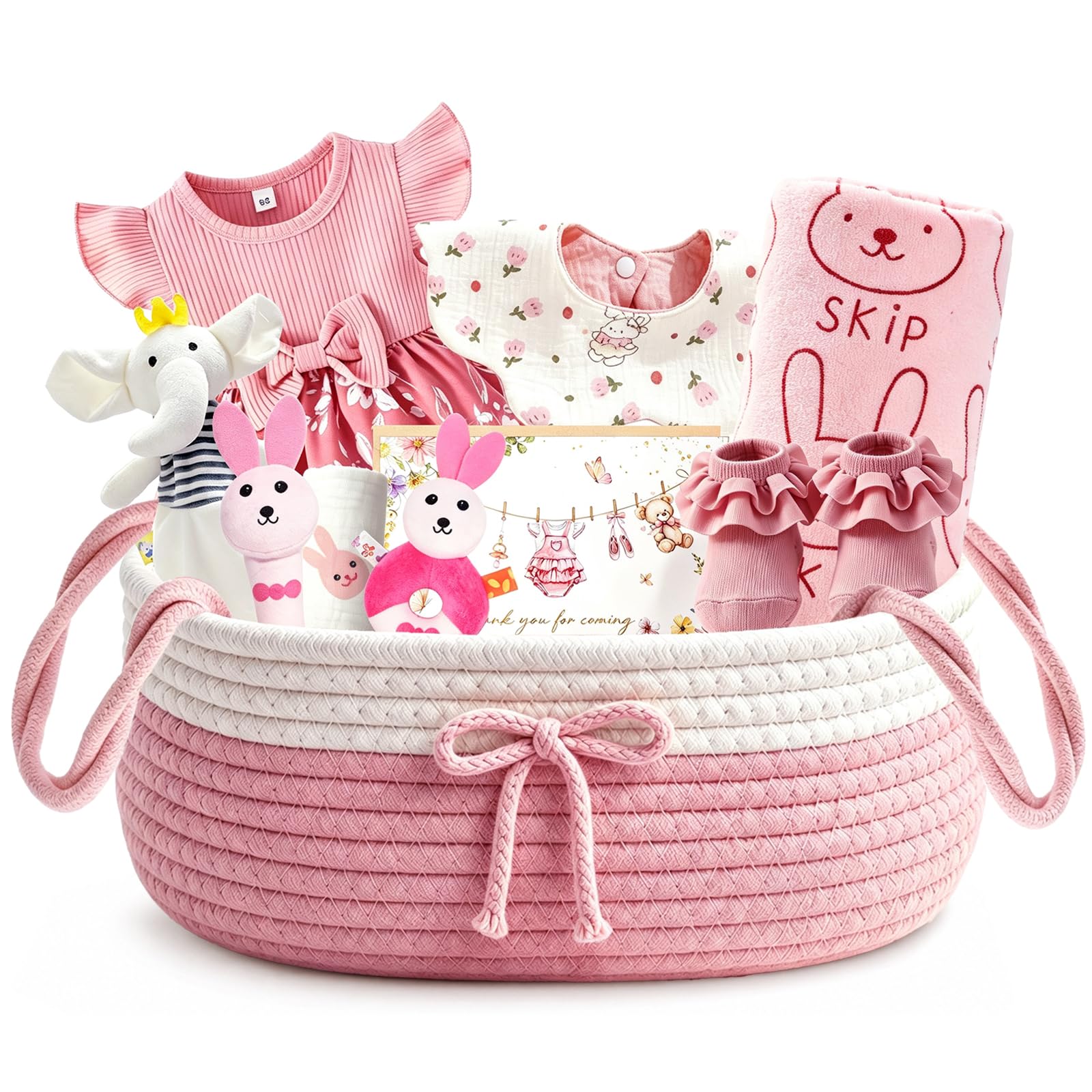 Regalo per neonata, 10 pezzi, regalo per neonati | Regalo per nascita con coperta, vestito, bavaglino, sonaglio, guanto da bagno, calze, cesto regalo (rosa)