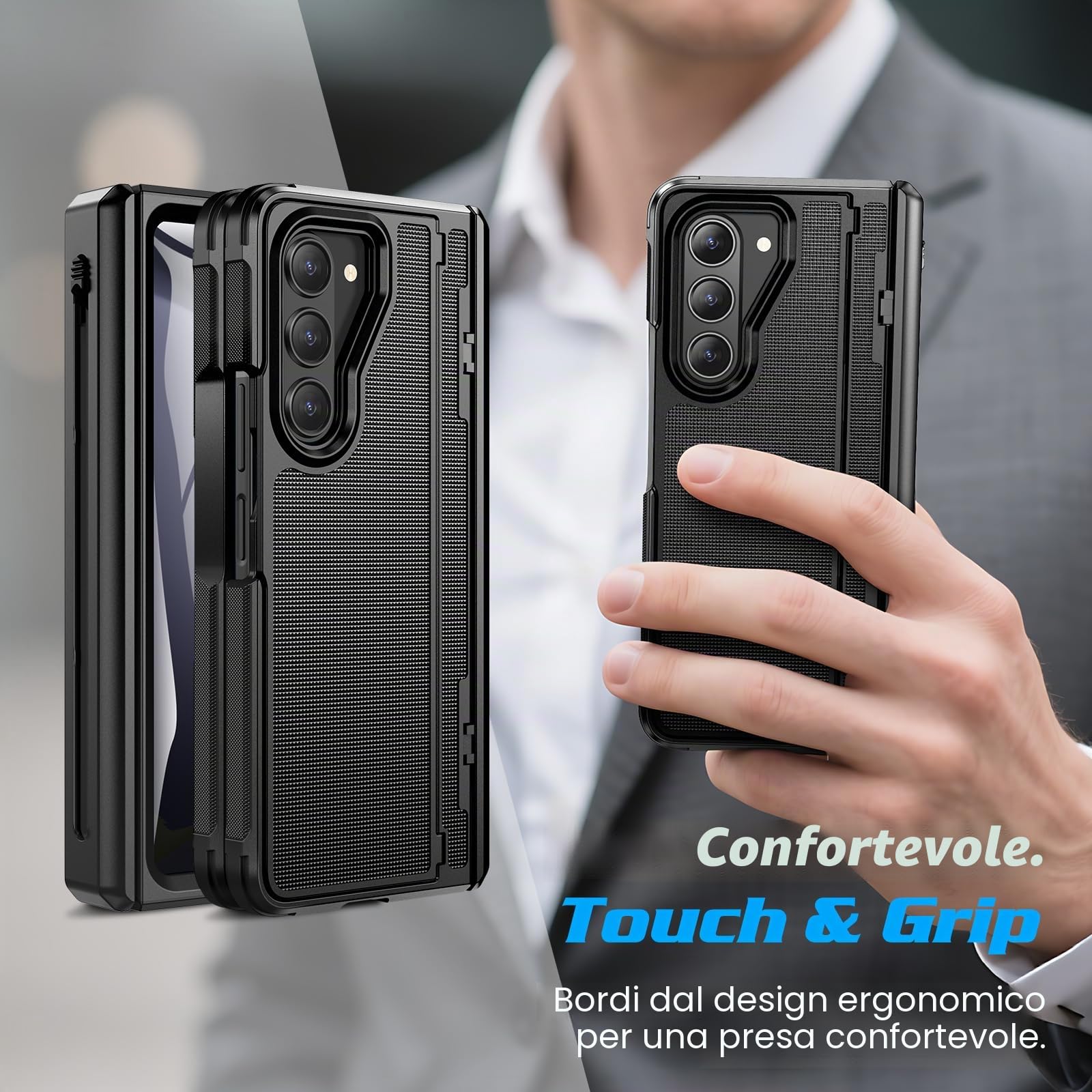 Doeshine Cover Per Samsung Galaxy Z Fold 5 con Supporto, Slot S-Pen Integrato (No S-Pen), [Protezione Cerniera & Pellicola Schermo], Custodia Rigida Robusta per Z Fold 5 Cover Pieghevole (Nero)
