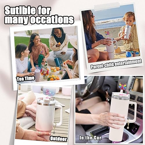 Miniatura 6 de (3+3) 3 tapas de paja para vaso Stanley Cup de 30 y 40 onzas, cubierta de paja Stanley con 3 cadenas de dijes de letras, accesorios de copa Stanley