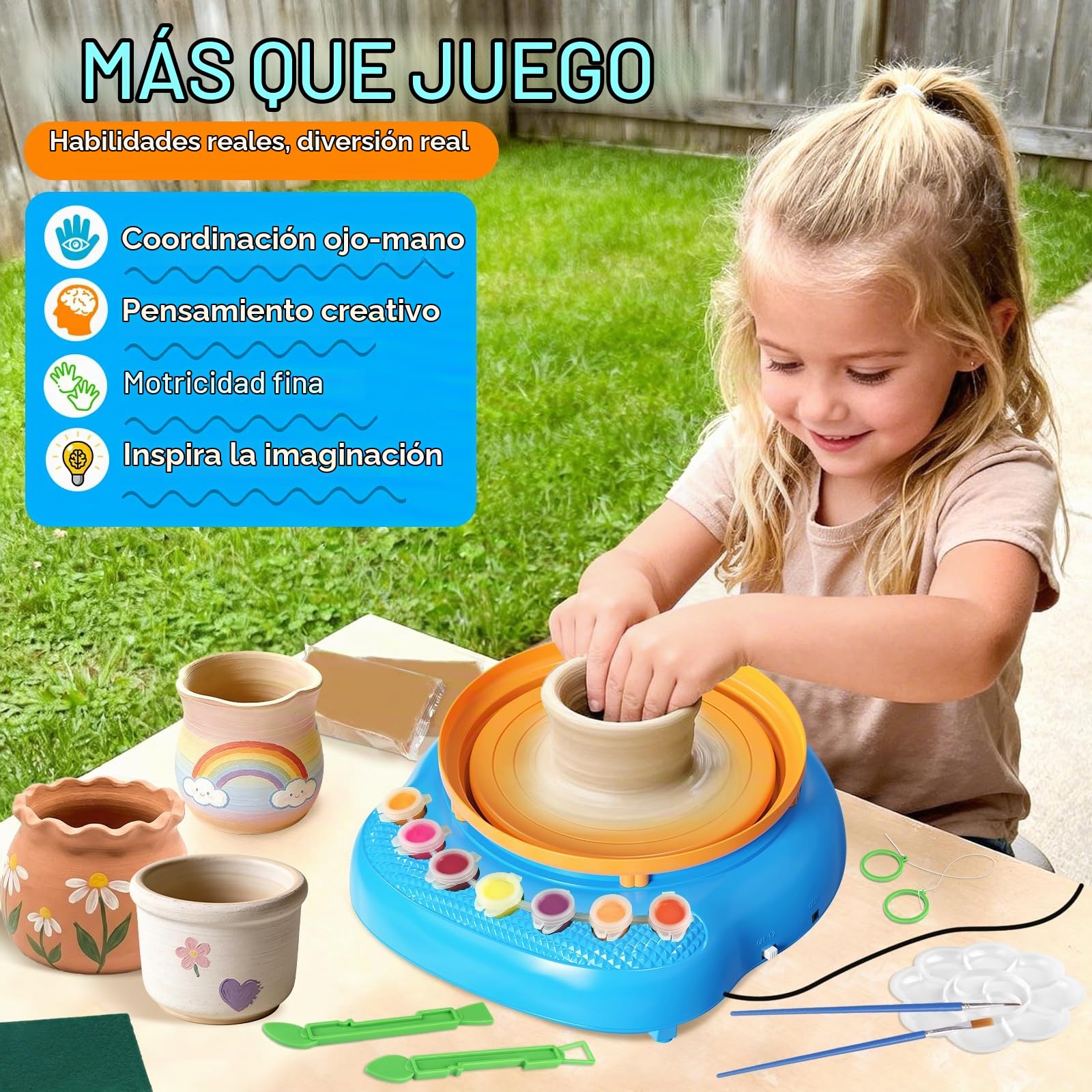 Torno de Cerámica Niños 6-12Años, Kit Alfarería con Arcilla | Set de manualidades DIY con 3 arcillas de secado al aire, 14 pinturas, pedal y USB – regalo para niña y niño, sin horno