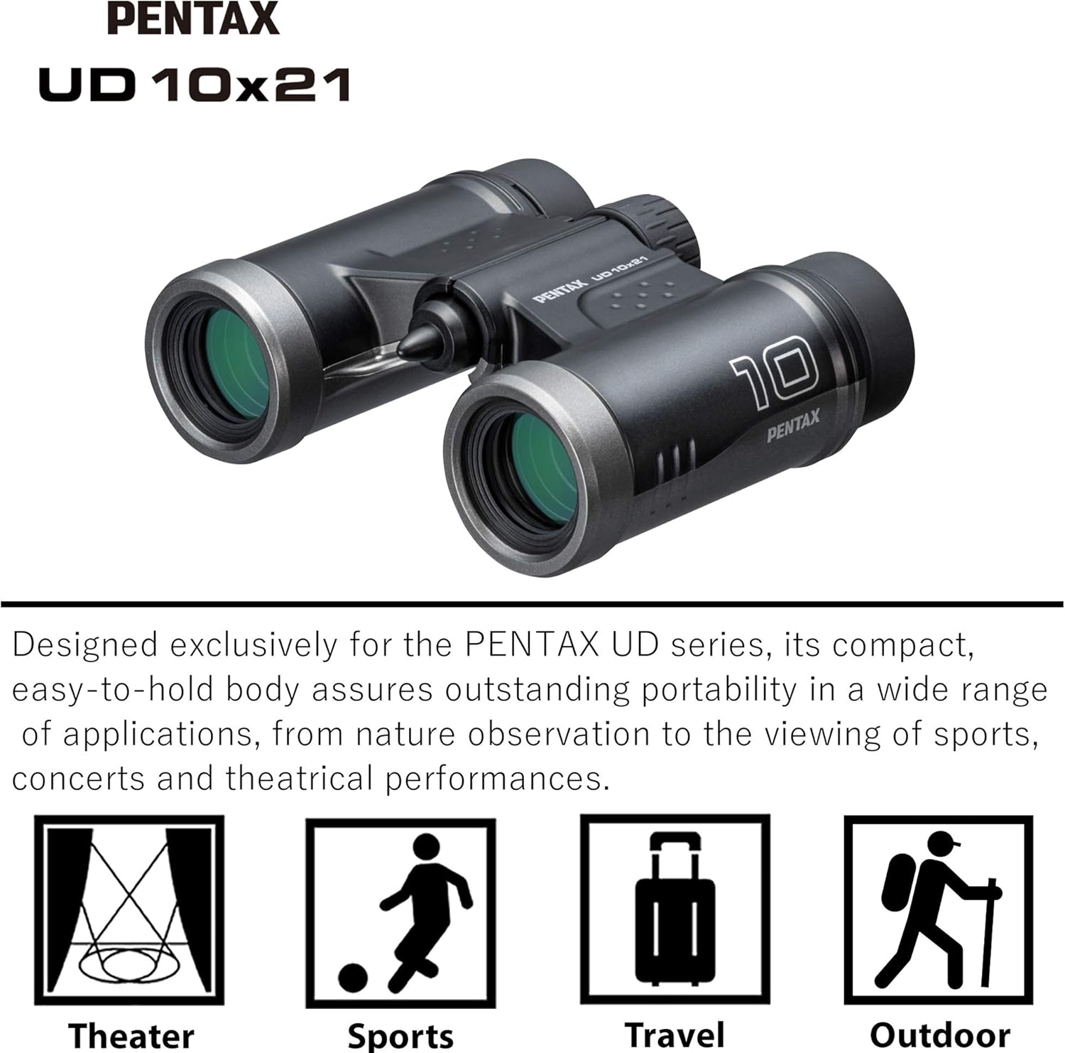 PENTAX Binoculares UD 10×21- Negro. Aumento 10x Con Prisma De Techo Vision Brillante Y Clara Ligera Con Recubrimiento Multiple Para Lograr Un
