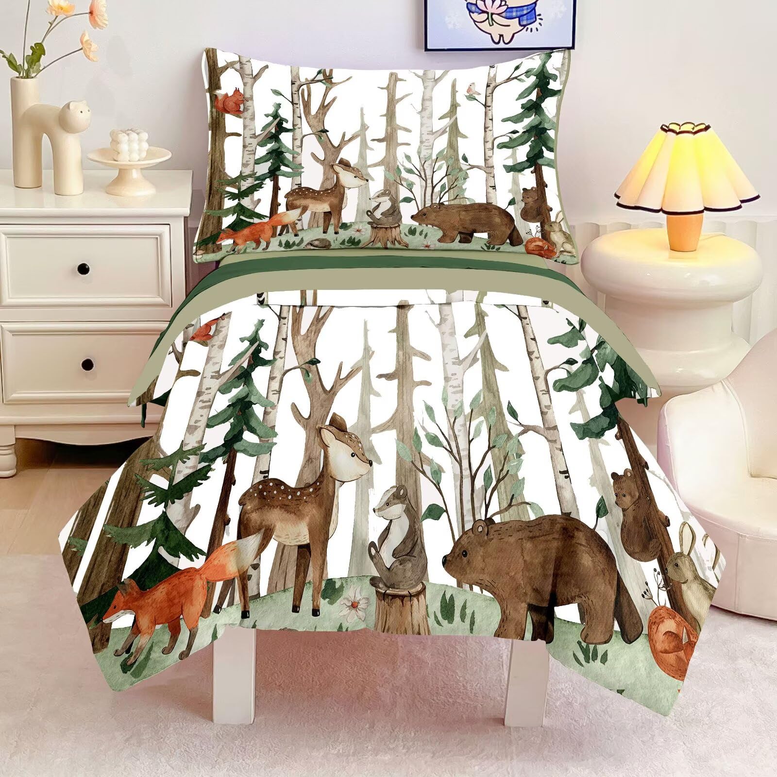 CKOU CCOO 4 Pieces Woodland Animal Toddler Bedding Set, Forest Deer Bear Fox Bed Comforter Set for Boys Girls, Cute Toddler Bed Set Includes Comforter