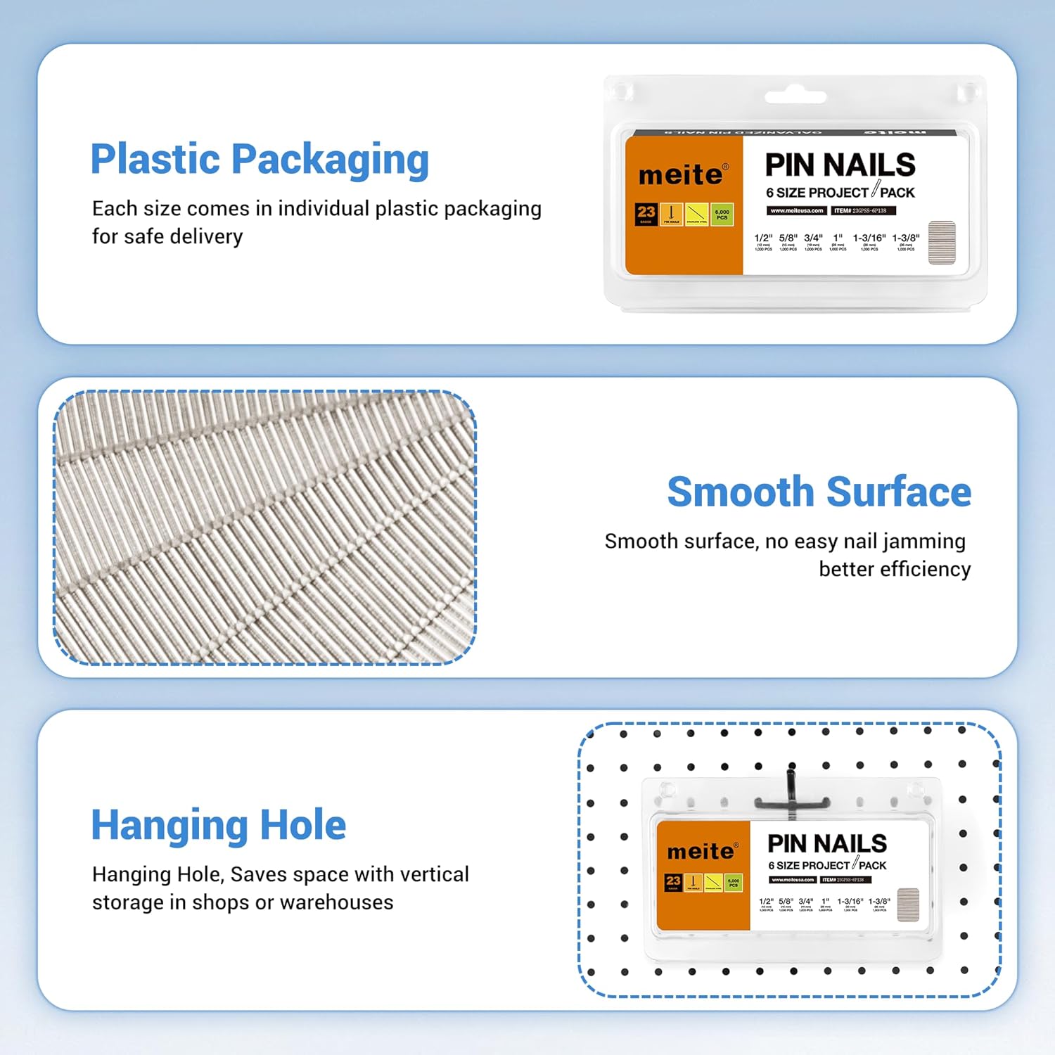 meite 23 Gauge Stainless Steel Nails, Assorted 6 Sizes (1/2", 5/8", 3/4", 1", 1-3/16", 1-3/8") 304 Stainless Steel Headless Nails - Micro 23GA Nails for Nail Gun