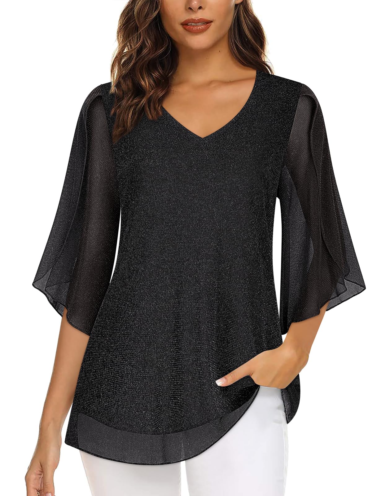 Viracy Womens Overlap Ruffle Sleeve V Neck Mesh Blouse Elastic Loose Flowy Tunic Tops