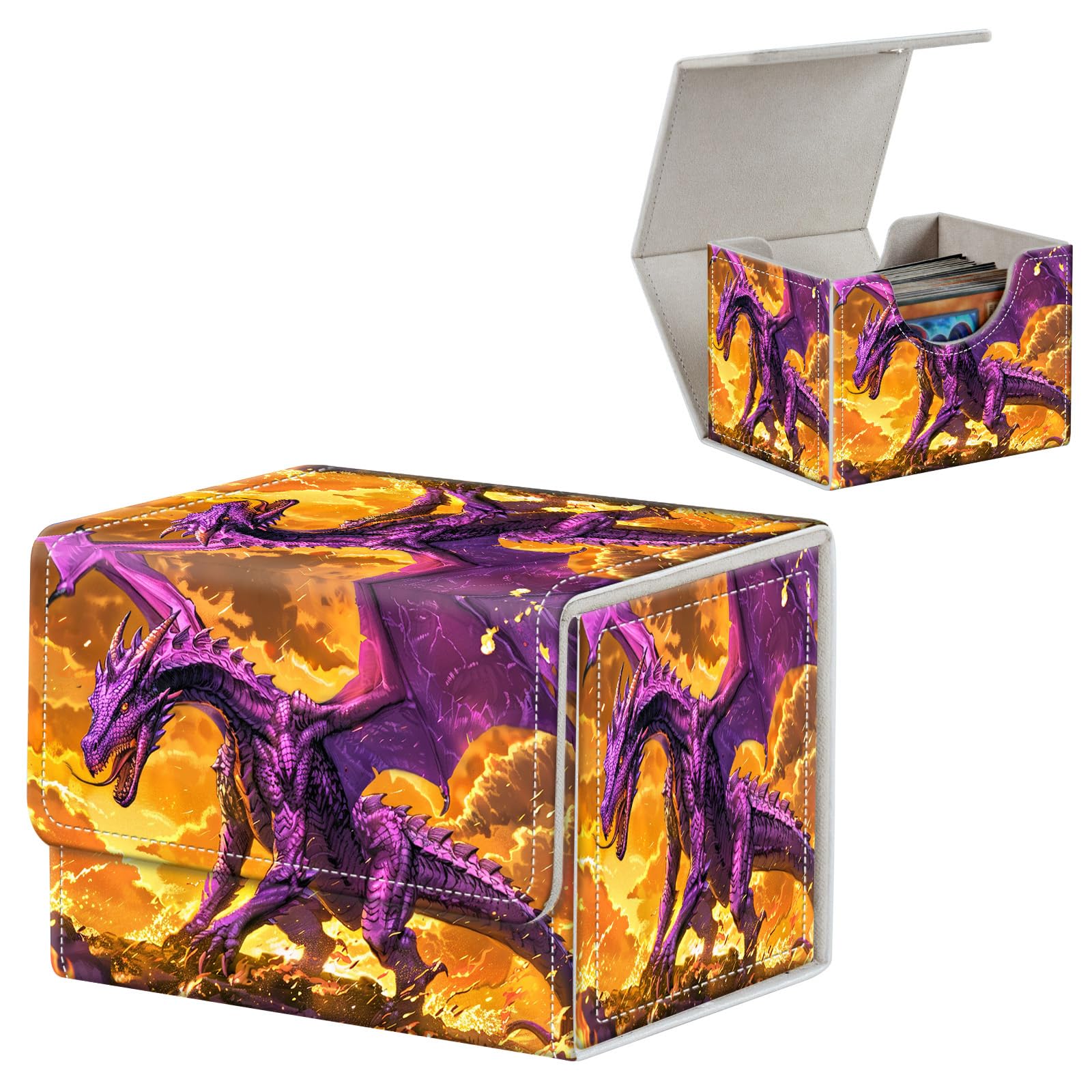 FUYOCWE Card Deck Box,MTG Commander Deck Box 100+ Double Sleeved Cards Storage,Magnetic Snap Leather Trading Card Case Oragnizer for TCG/CCG/Magic/Sports Cards-Anime Firey Dragon