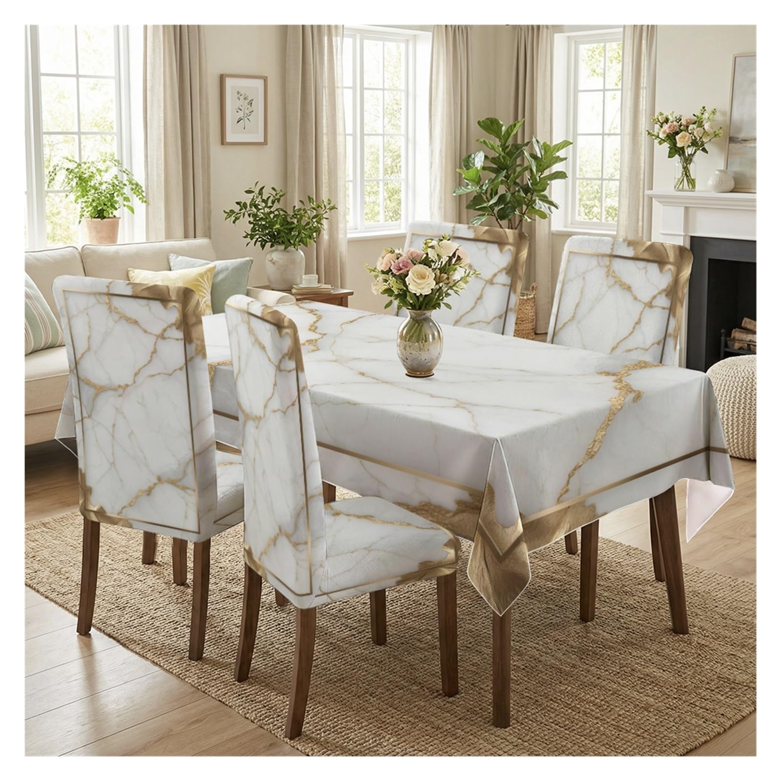 Nappe et housses de chaise en marbre blanc et or protègent et subliment votre table de fête