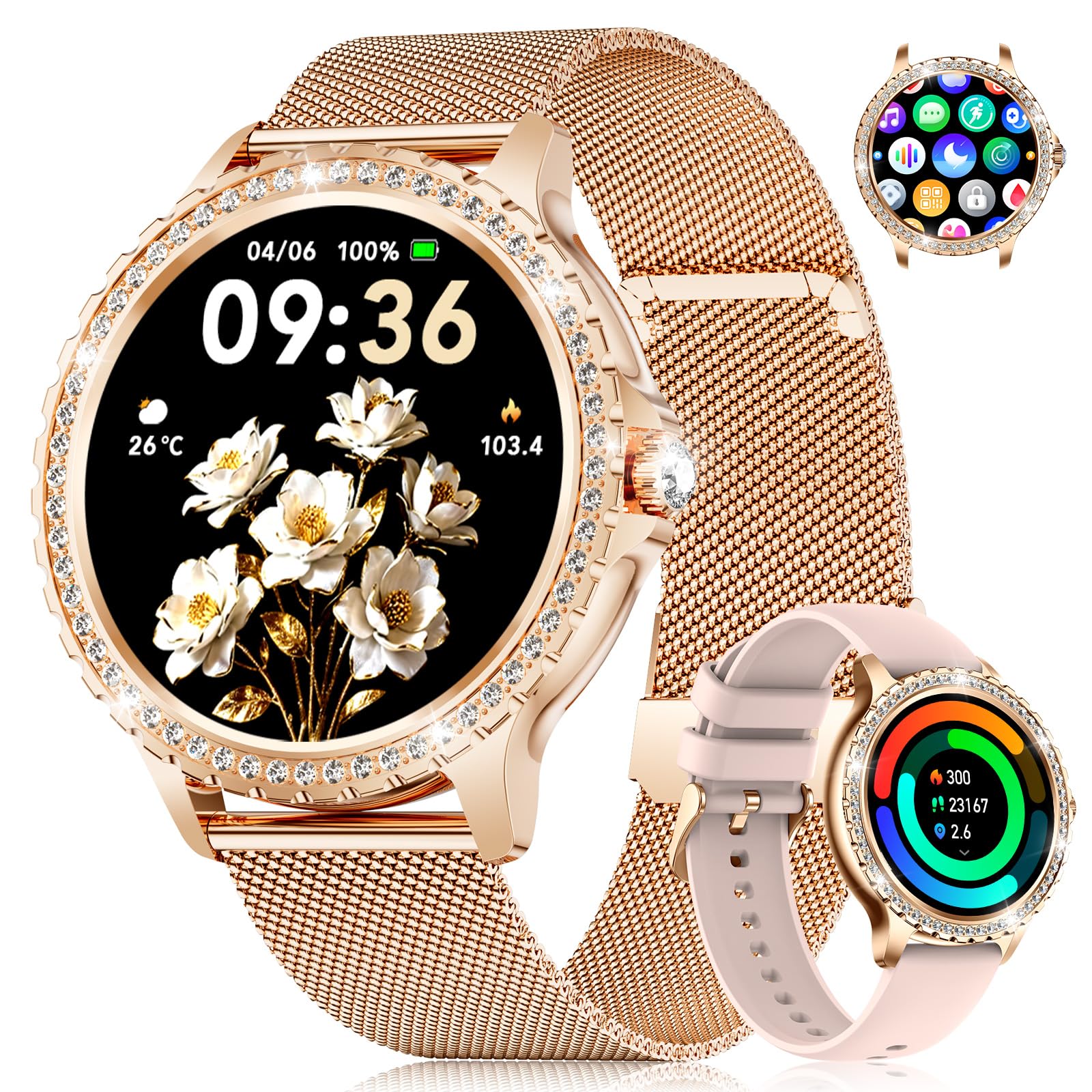 Smartwatch Damen mit Zirkonia-Steinen, 1,32‘’ HD Touchscreen Ultra 9mm Elegante Fitnessuhr mit Bluetooth Anruf & Nachrichten, Puls/SpO2/Menstruationszyklus, 100+ Sportmodi für iOS Android, Gold