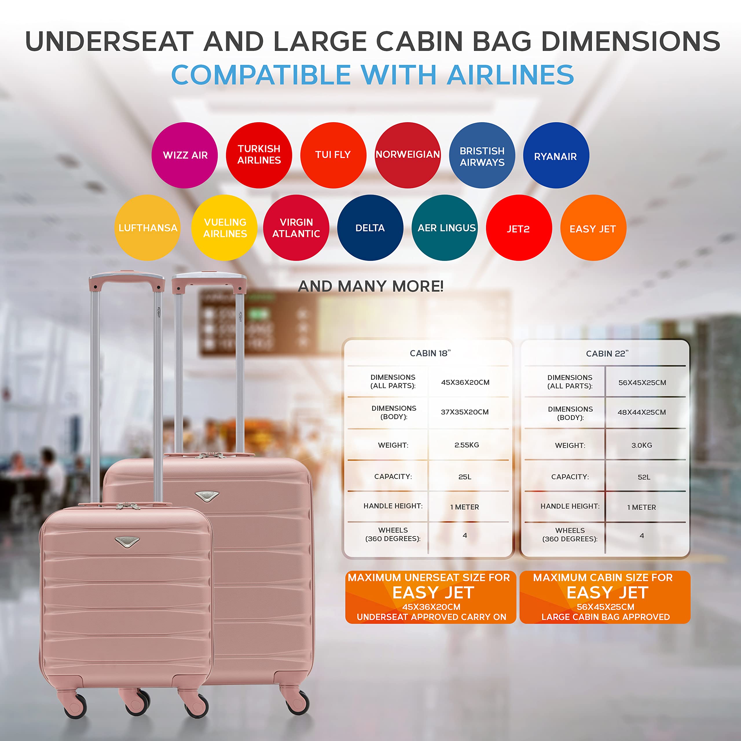 Flight Knight Suitcase Set of 2 Lightweight 4 Wheel ABS Hard Case Cabin Carry On Hand Luggage - easyJet Maximum Size for Overhead Cabin & Under Seat Carry-On - 45x36x20cm & 56x45x25cm