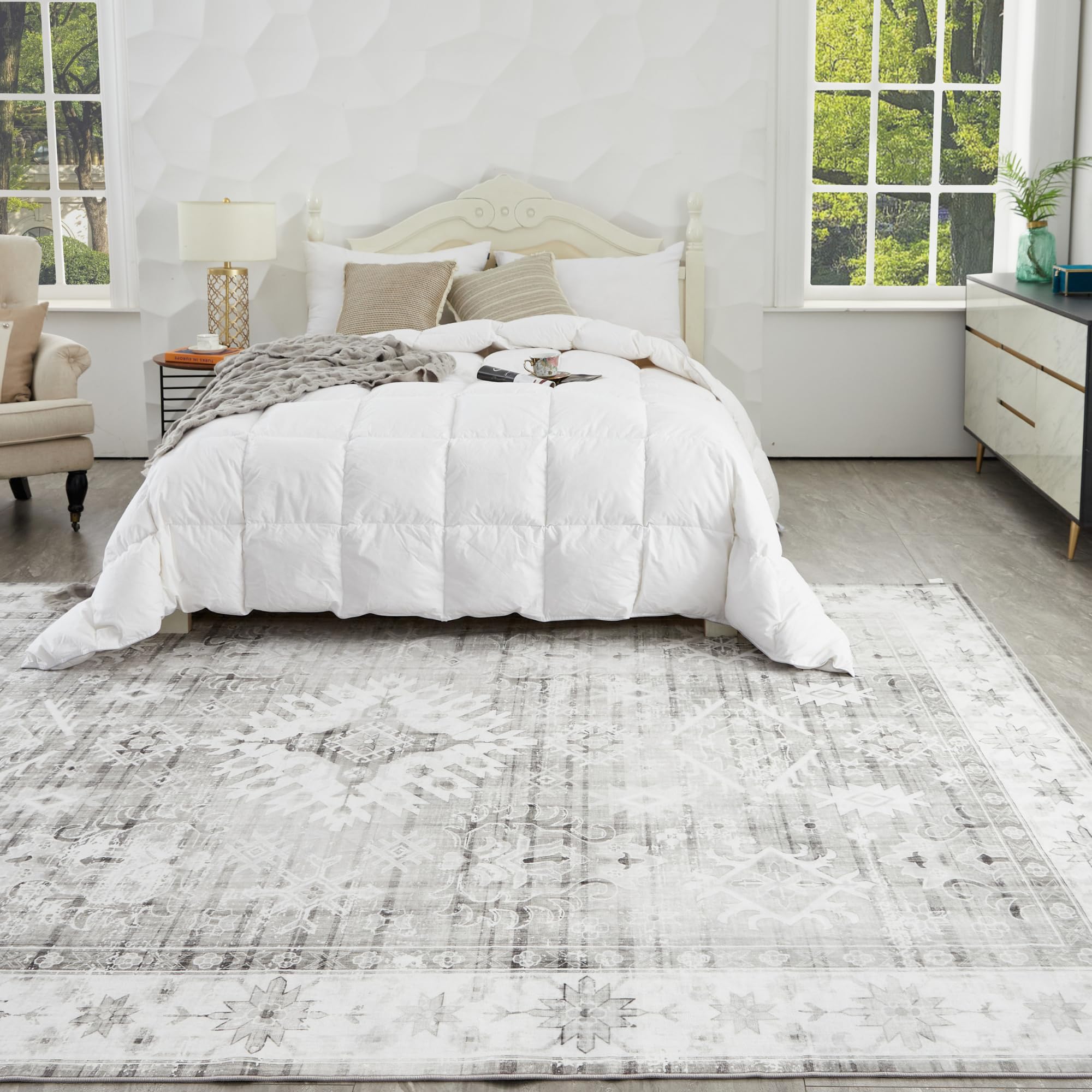 Photo 1 of Area Rug 9x12, Washable Rug for Living Room, Grey Vintage Rug with Anti-Slip Backing, Non-Shedding Distressed Rug for Bedroom, Ultra-Thin Soft Farmhouse Rug for Home Decor(9'x12', Grey) Light Grey 9'x12'