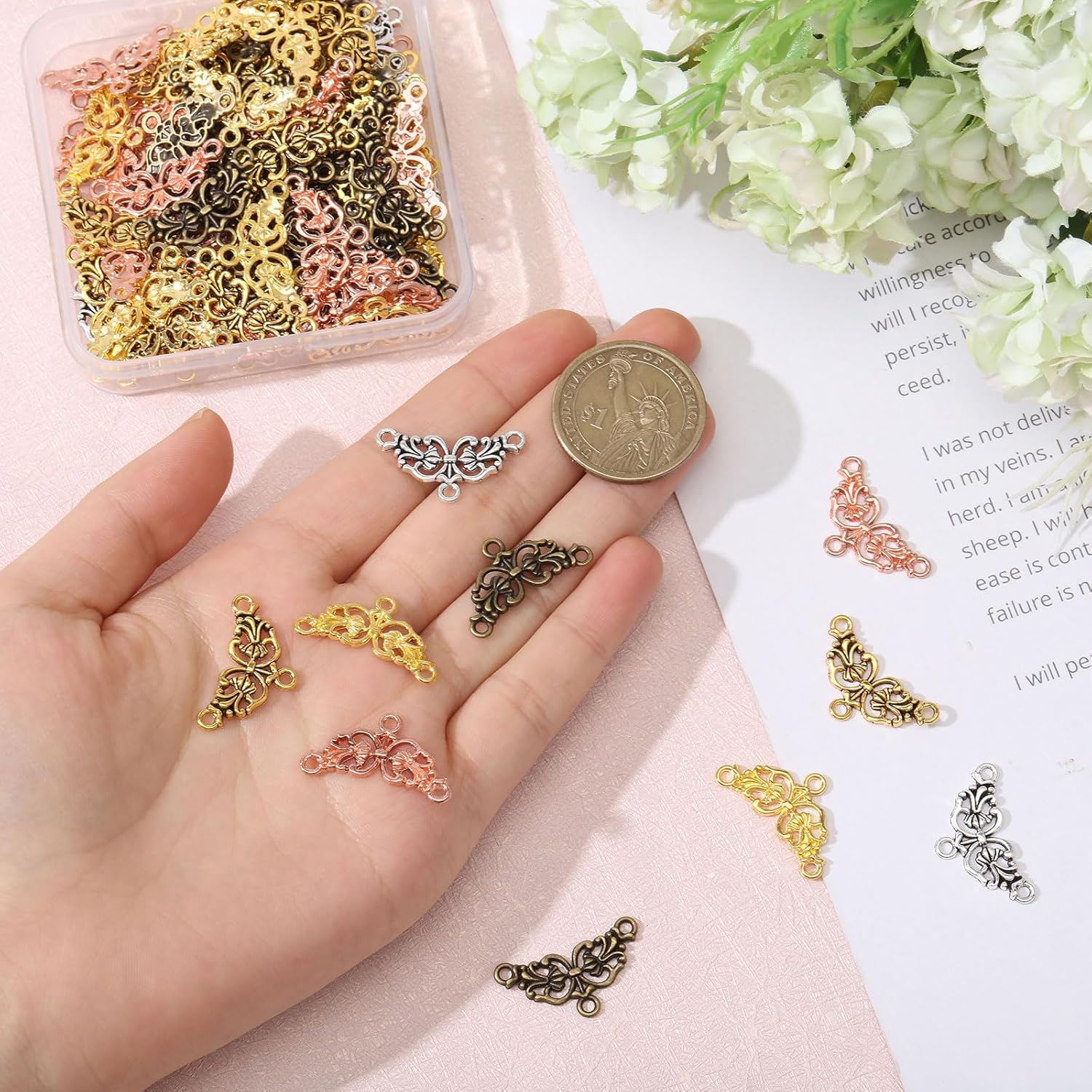 CHGCRAFT 100Pcs 5 Colors Flower Connector Charms Three Holes Alloy Floral Links Hollow Flower Flat Connector Pendants for Jewellery Making Bracelet Necklace Charms DIY - Image 3