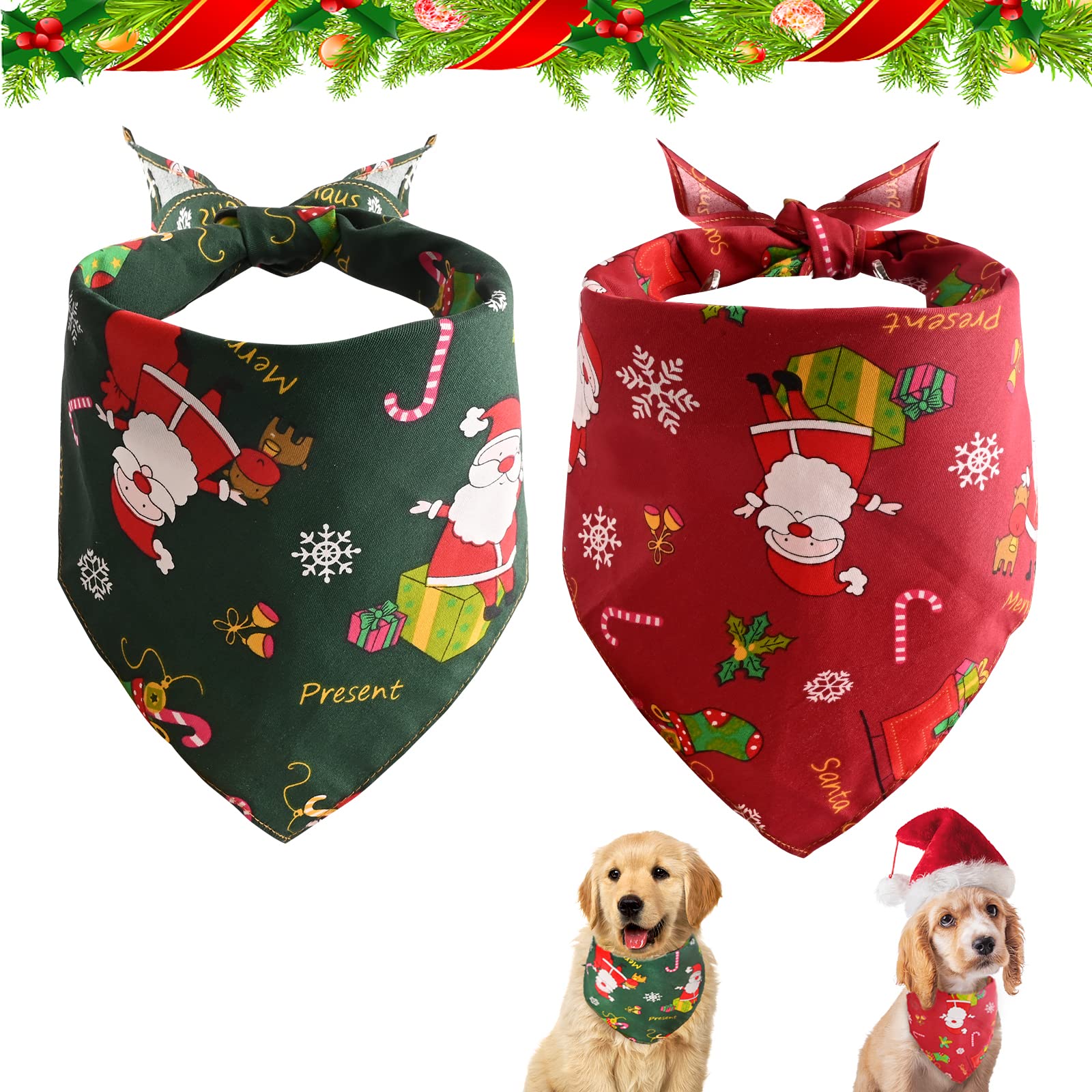 Aohcae 2 pañuelos para el cuello de Navidad, color rojo con verde, para mascotas, para perros pequeños, medianos y gatos