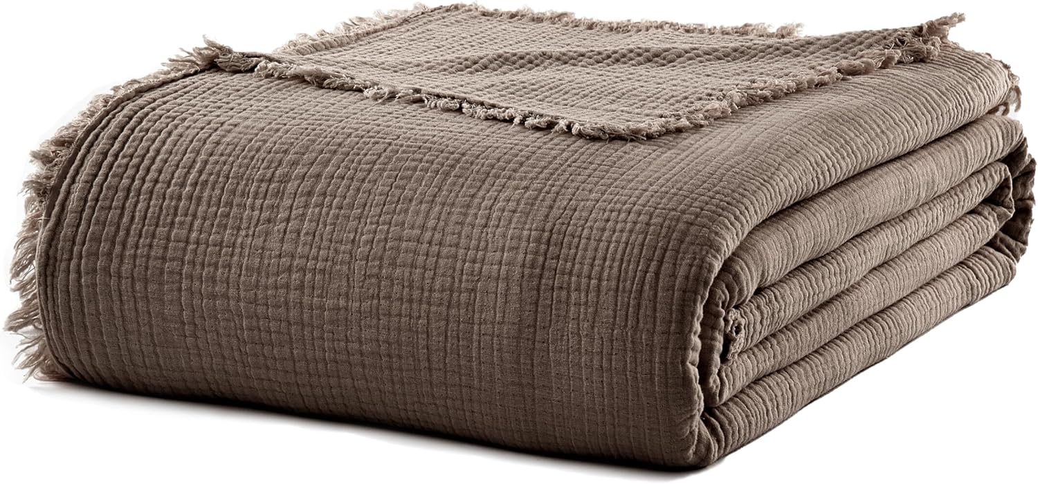 WDCOZY Muslin Throw Blanket 100% Cotton Blankets 4-Layer Breathable Lightweight Soft for Couch Boho Farmhouse Linen Tassels Ruffle Gauze Blankets 50x60 Inches Brown Mocha Chocolate Coffee Taupe - Image 8