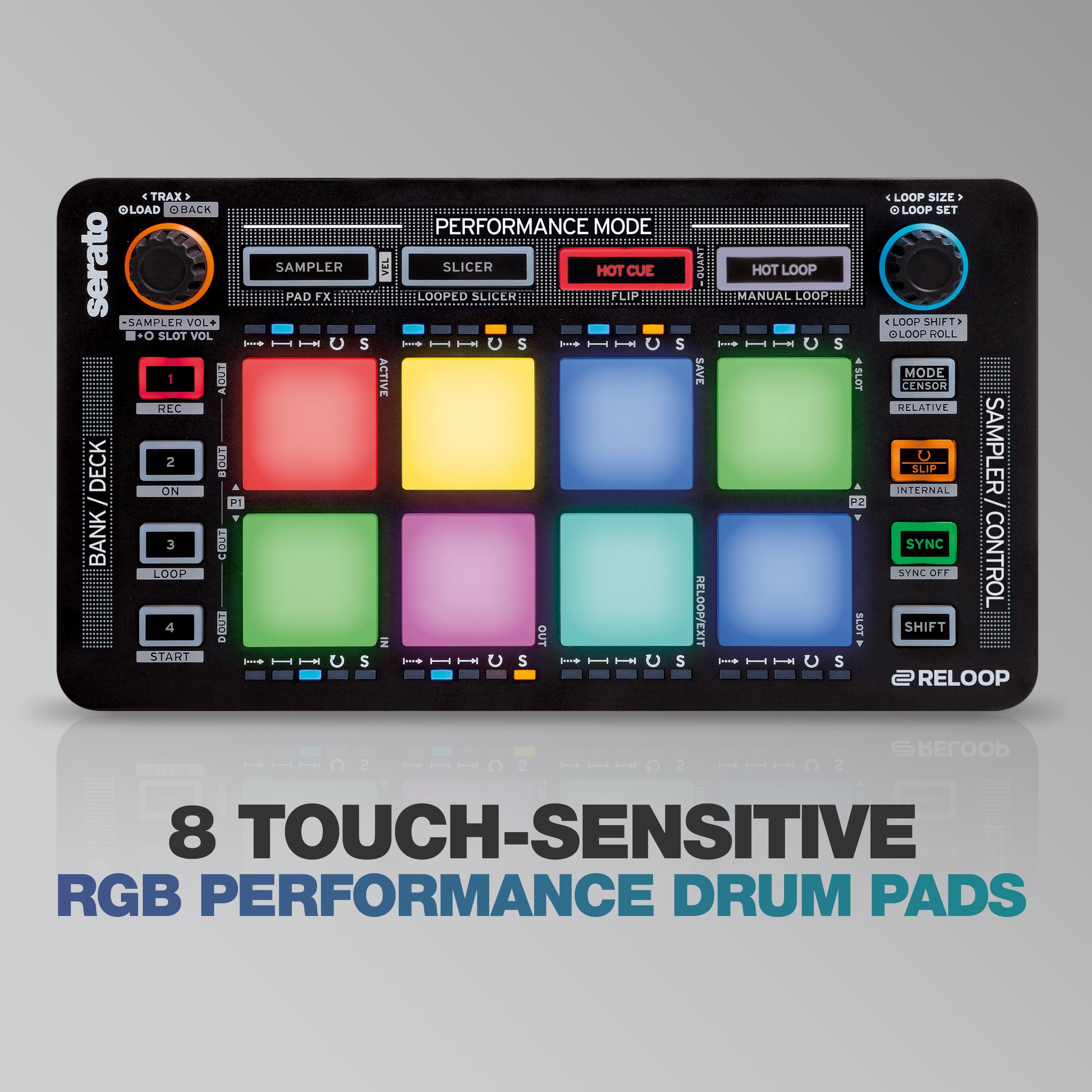 Reloop Neon - Contrôleur DJ USB supplémentaire avec pads de batterie de performance RVB sensibles à la vitesse, plug and play avec Serato DJ, (noir)