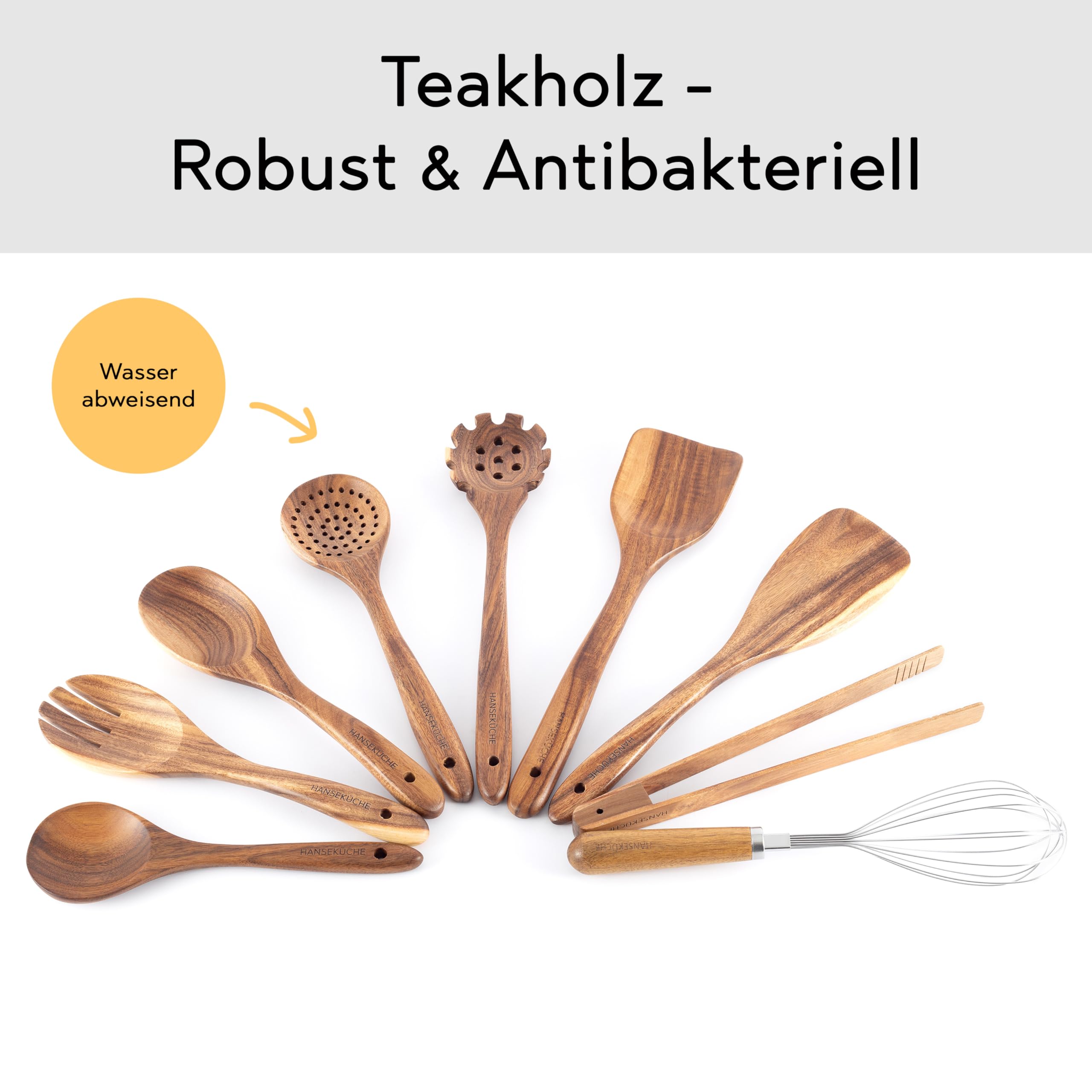Hanseküche Küchenhelfer Set aus Holz - Grillzange, Schneebesen, Pfannenwender, Holzlöffel und Nudelschöpfer 9 teilig Löffel Teakholz (9er Set)