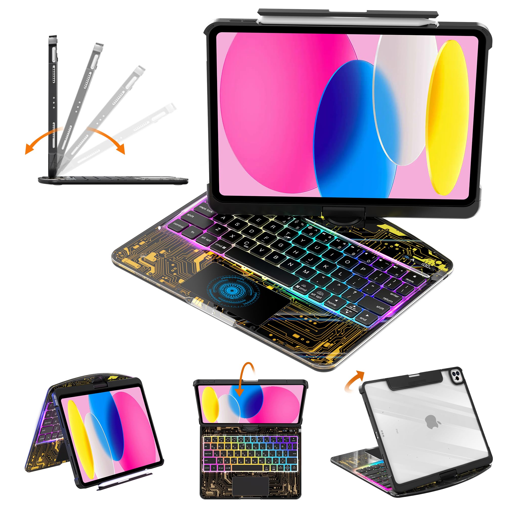 Clear Keyboard Case for iPad 10th Gen (2022/2025 10.9") &amp; 11 inch (A16) 3-Brightness, 7-Color Backlight, Trackpad Wireless Bluetooth Keyboard with 360 Rotating Stand, Pencil Holder Black