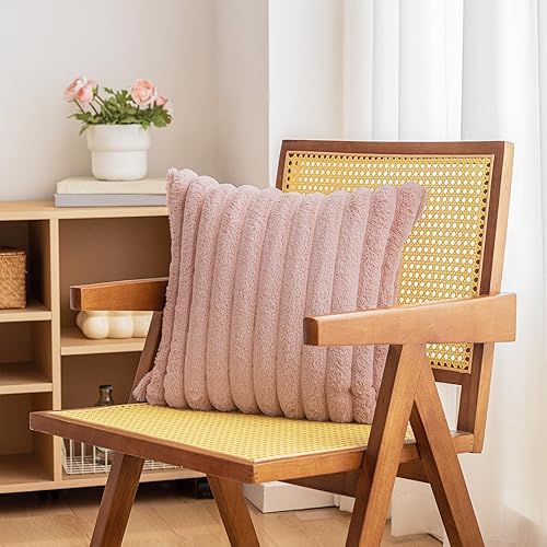 Miniatura 5 de Juego de 2 fundas de almohada de felpa de pelo sintético de doble cara de 18 x 18 pulgadas, a rayas, suaves y acogedoras, fundas de cojín